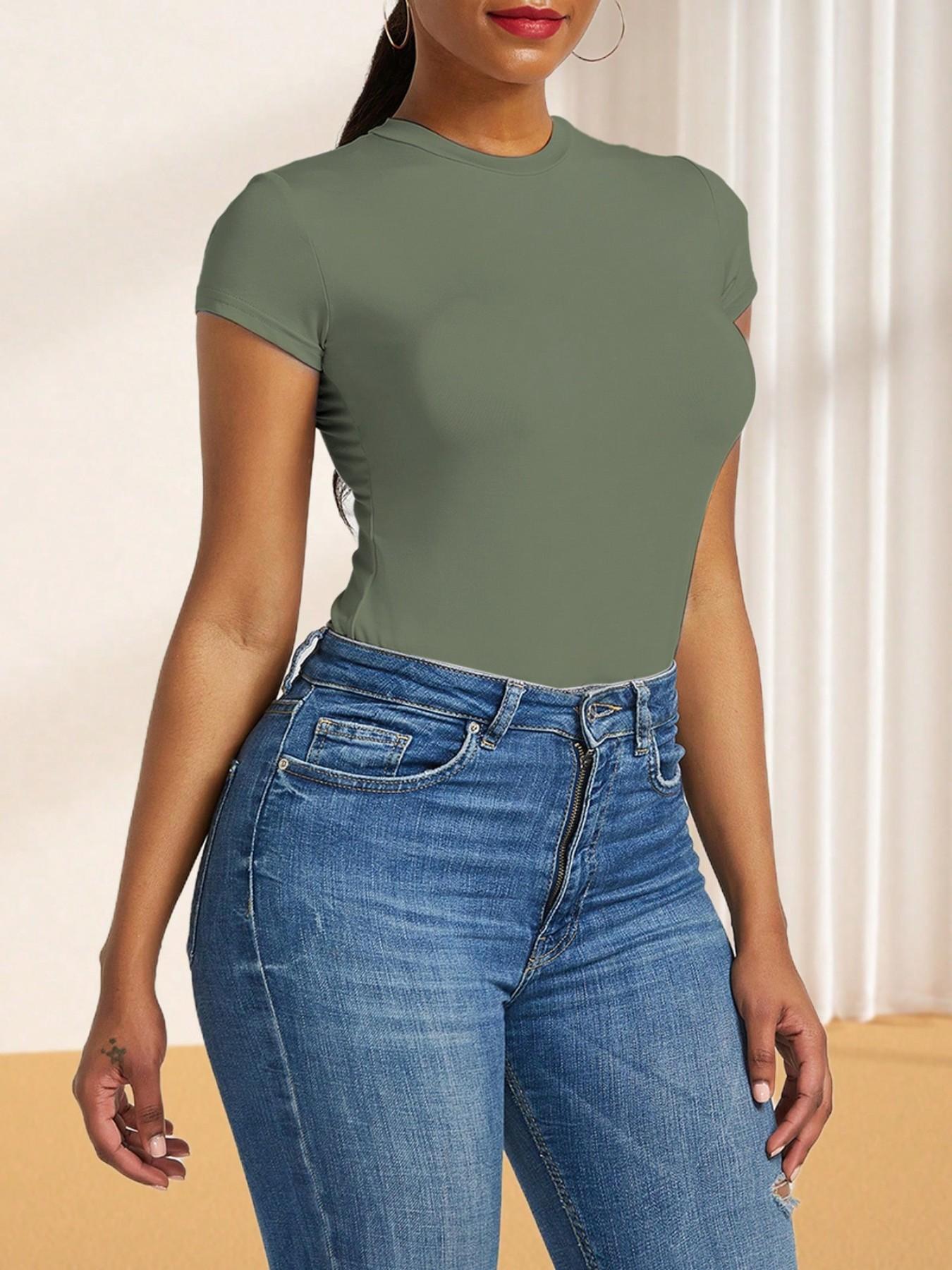 Body Suits for Womens Short Sleeve Round Neck Casual Stretchy Basic T Shirt Bodysuit Tops Underwear