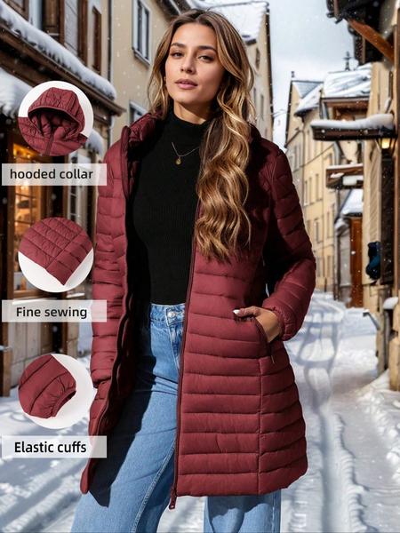 Women's Mid-Length pufferHooded Jacket with Zipper Pockets, Casual Plain Woven Fabric Coat for Fall & Winter Outdoor Commuting