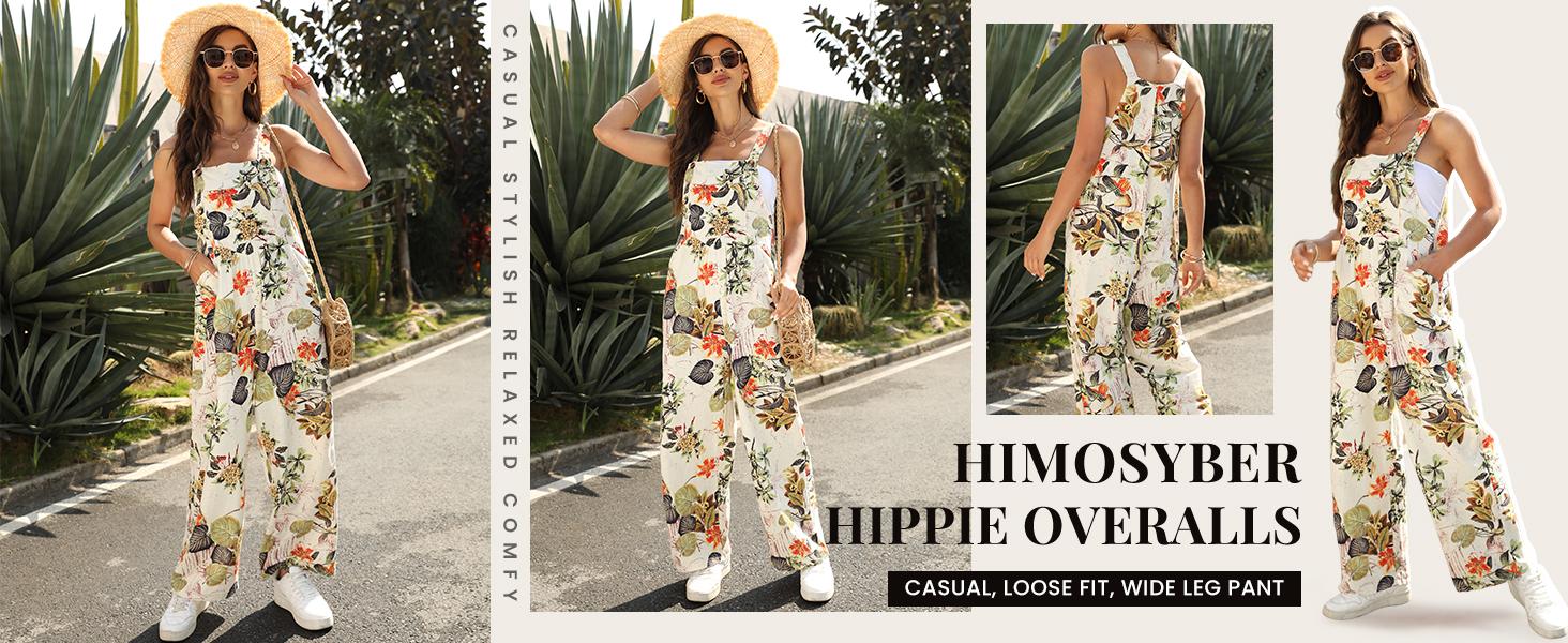 Yeokou Women's Patchwork Dual Pocket Jumpsuit Loose Floral Print Bohemian Wide Leg Bib Overall