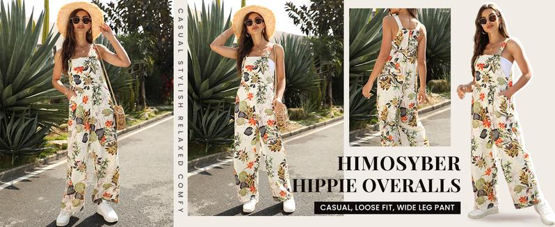 Yeokou Women's Patchwork Dual Pocket Jumpsuit Loose Floral Print Bohemian Wide Leg Bib Overall