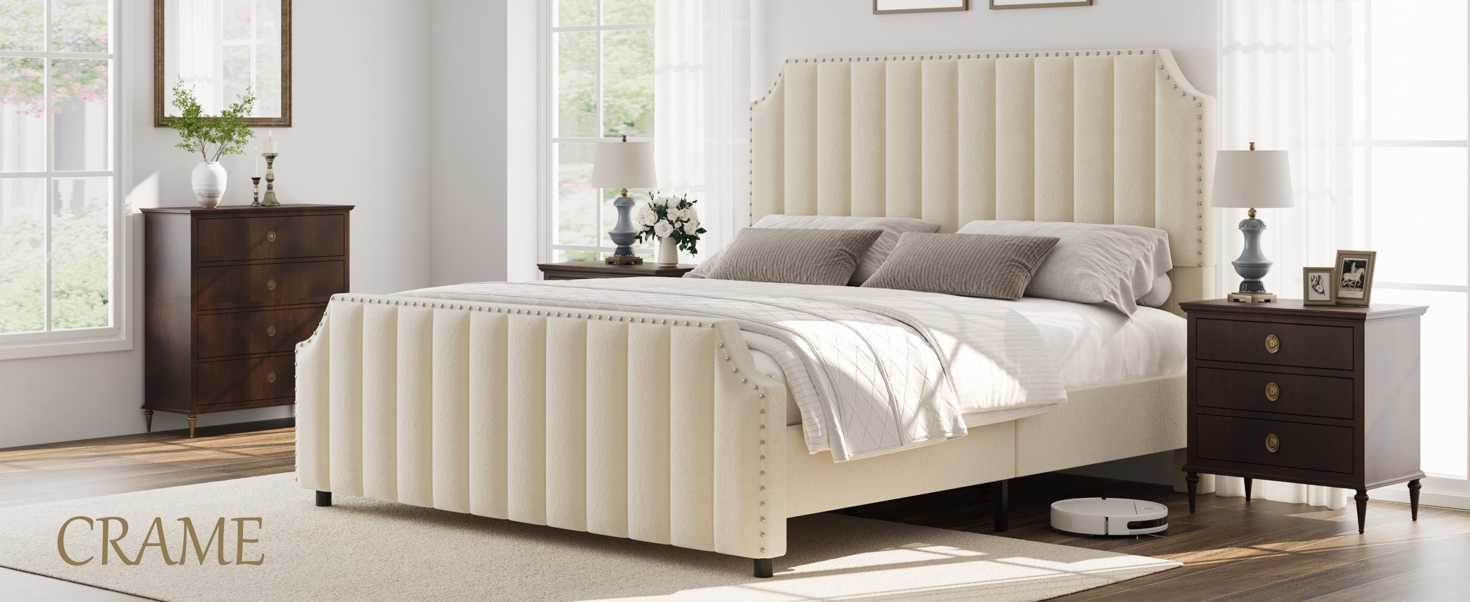 Queen Size Platform Bed Frame with 50.2" Headboard, Velvet Upholstered Bed Frame Queen with Vertical Channel Tufted Headboard & Footboard, Nailhead Trim, No Box Spring Needed, Cream