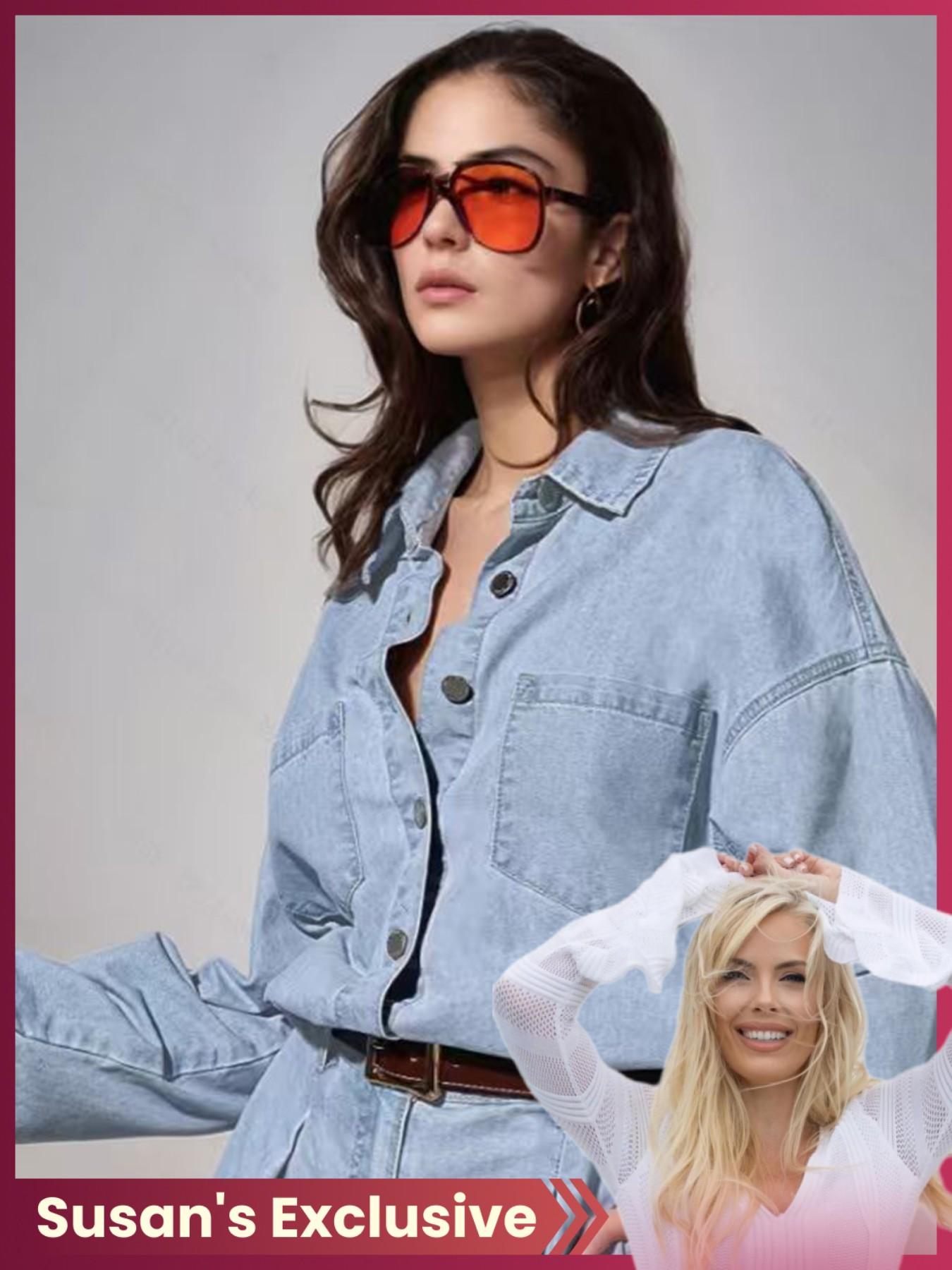 Women's Casual Long Sleeve Washed Denim Jumpsuit Overalls, Wide Leg Long Pants (no Belt Included), Susan's Exclusive Style, Comfortable and Stylish