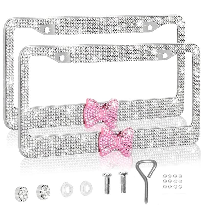2pcs Sparkling Frames For Women - High-quality Stainless Steel Raine Stone Labels Covered With Handcrafted Crystal Diamonds And Gift Bows, Sparkling Car Parts For Girls Personalized Car Plate