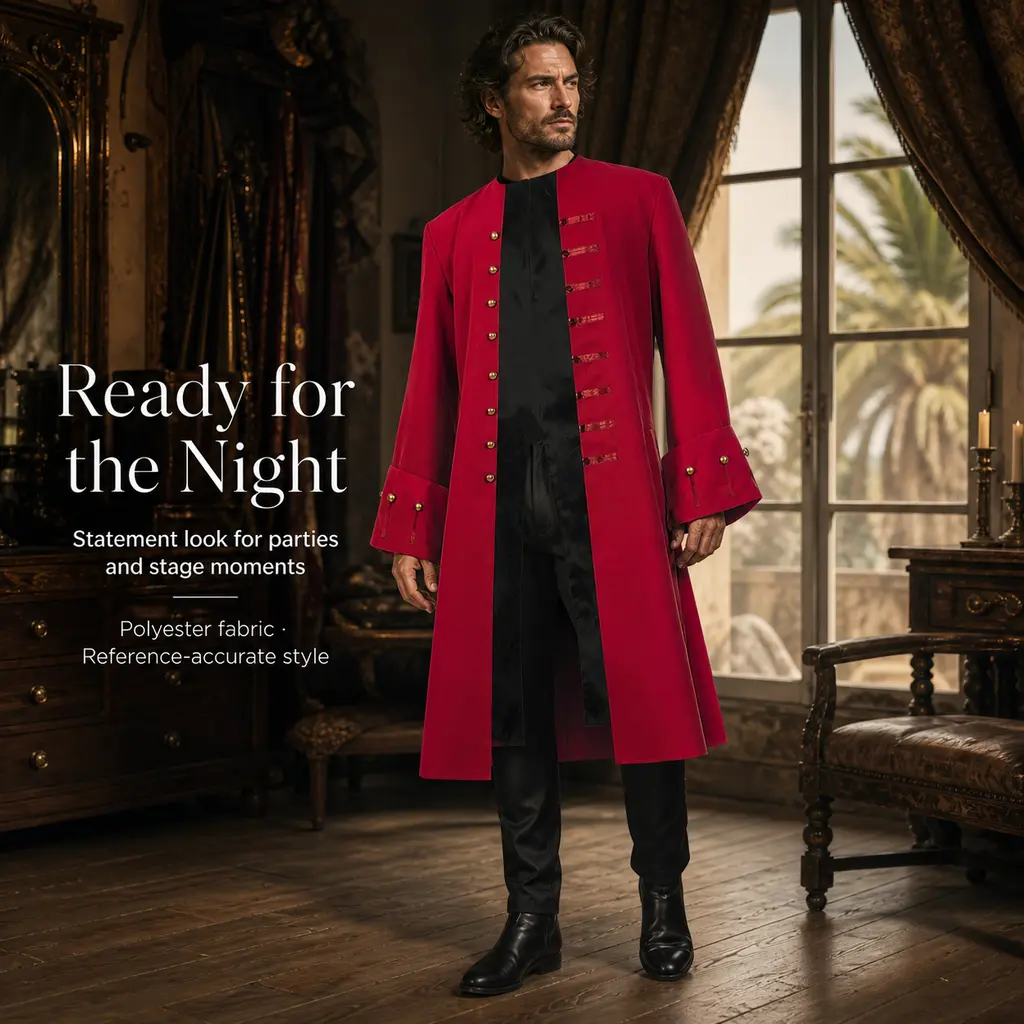 Men Bright Red Pirate Captain Long Frock Coat, Stand Collar Bronze Button Overcoat, Vintage 18th Century Colonial Long Coat for Halloween Cosplay