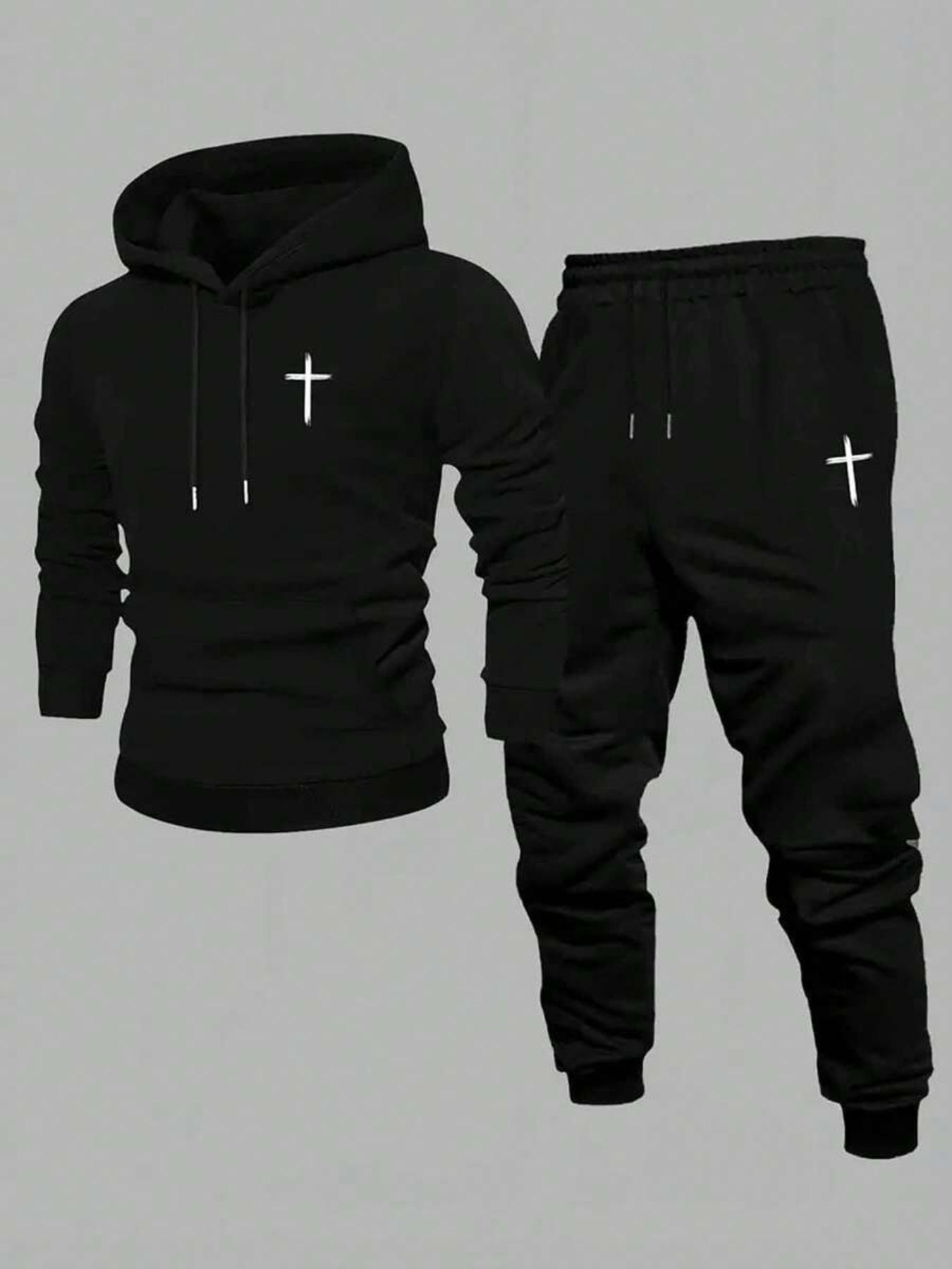 TikTok Trending Christian Streetwear Set, Black Long Fitted Hoodie & Pants with Cross Graphic Print, Perfect for Black Friday & Cyber Monday Deals, Ideal for Faith - Based Outfits During TikTok Shop Black Friday Sales and Christmas Gift Ideas