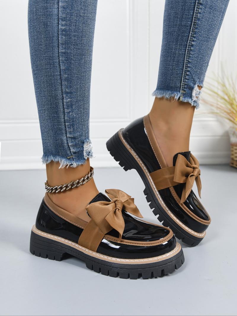 Women's Bowknot Loafers, Spring & Fall Casual PU Leather Shoes, Plain Pattern, Less Than Ankle Height, PVC Sole