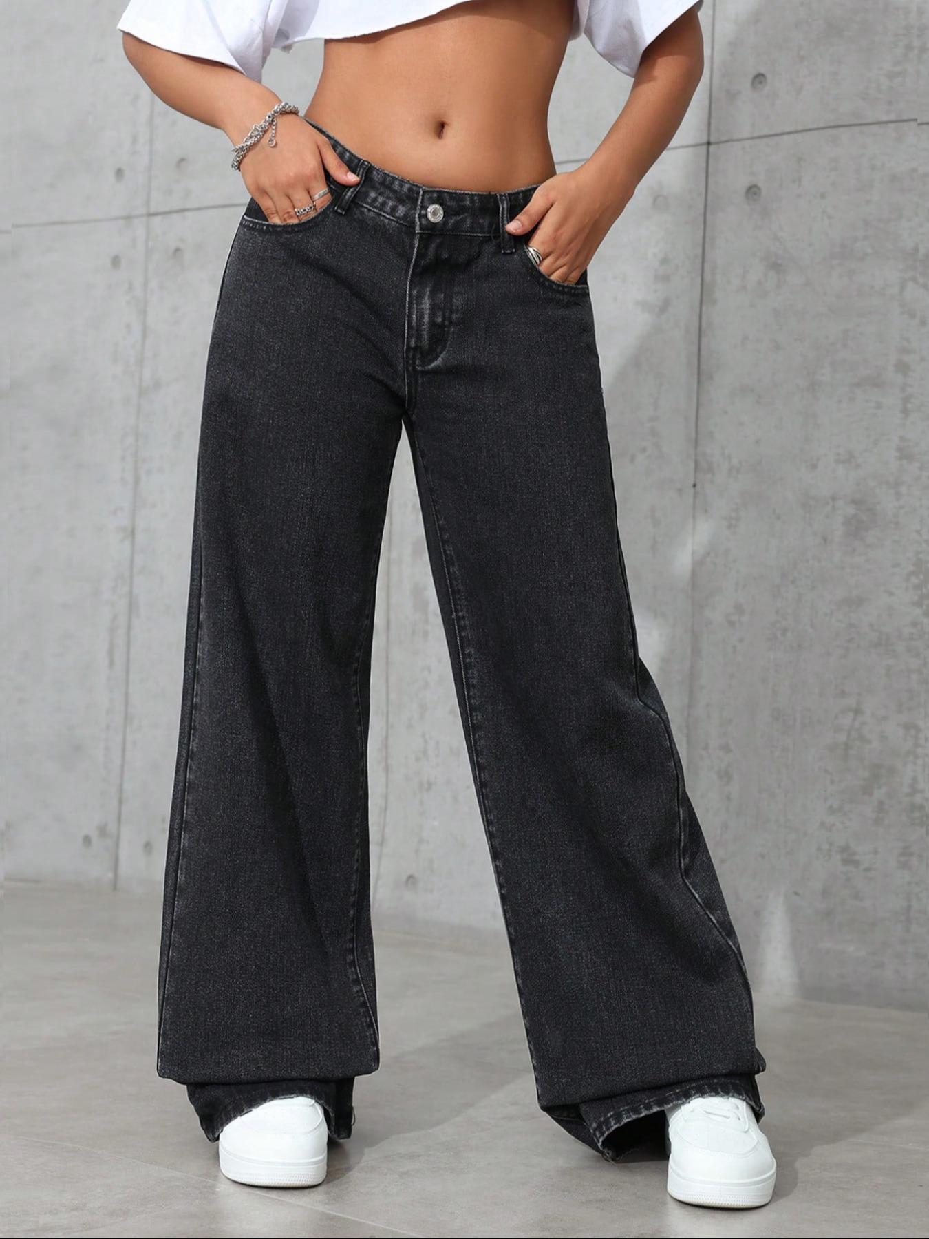 Women's Mid-Waist Wide Leg Straight Denim Jeans, Trendy Coffee Casual Fashion, Zipper Fly, Pockets, All Seasons, Pants