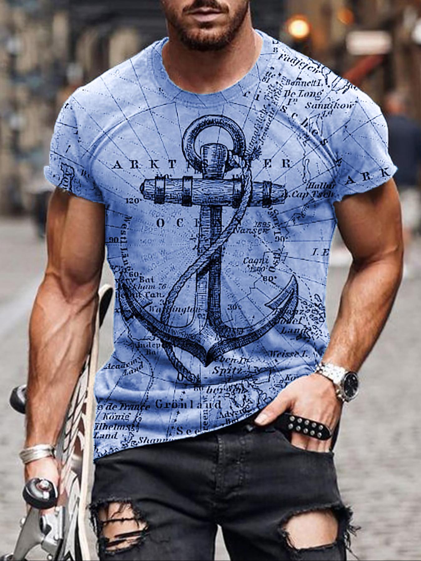 Men's Letter & Anchor Print Round Neck Tee, Summer Clothes Casual Regular Fit Short Sleeve T-Shirt for Summer, Mens Clothes for Daily Wear