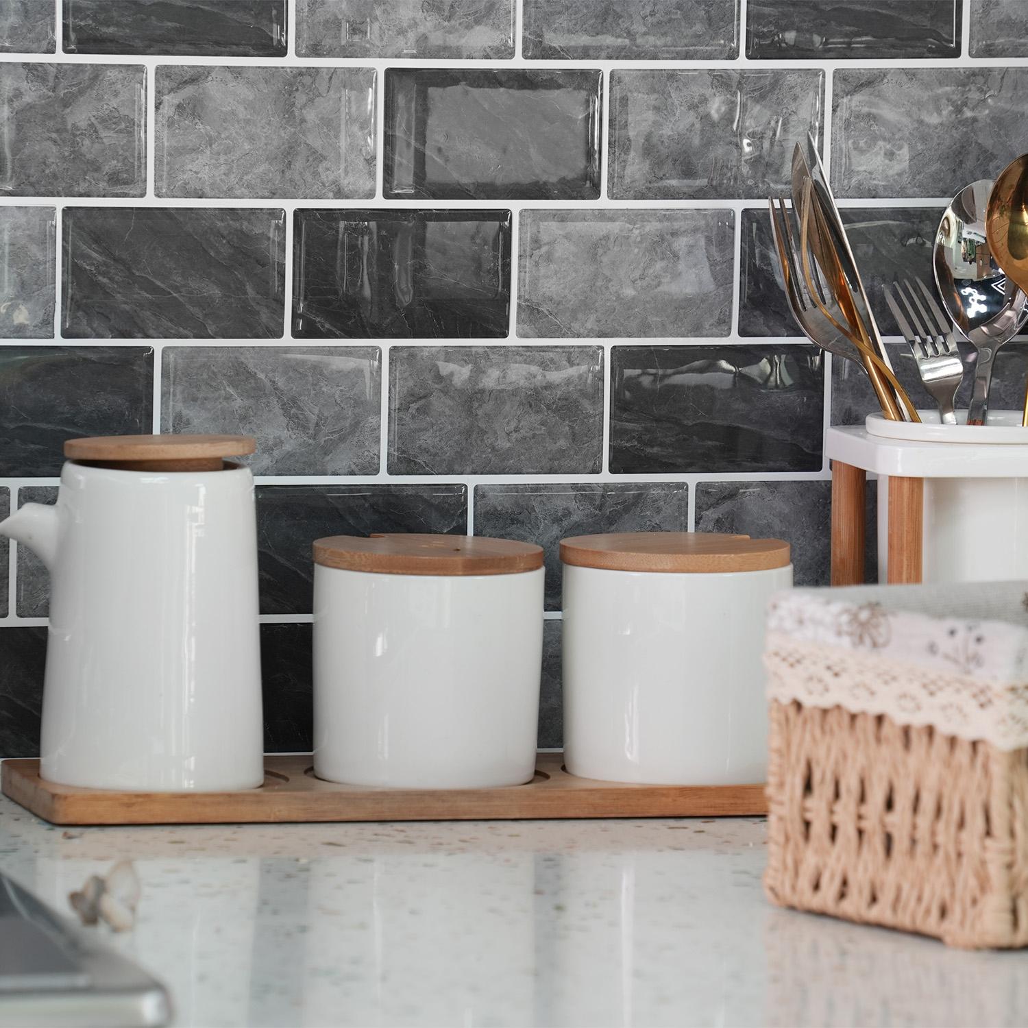 3D Peel and Stick Backsplash Tile, Black White Marble Design Self-adhesive Kitchen & Bathroom Backsplash Wall Sticker, DIY Wall Decoration, Marble Pattern Wallpaper