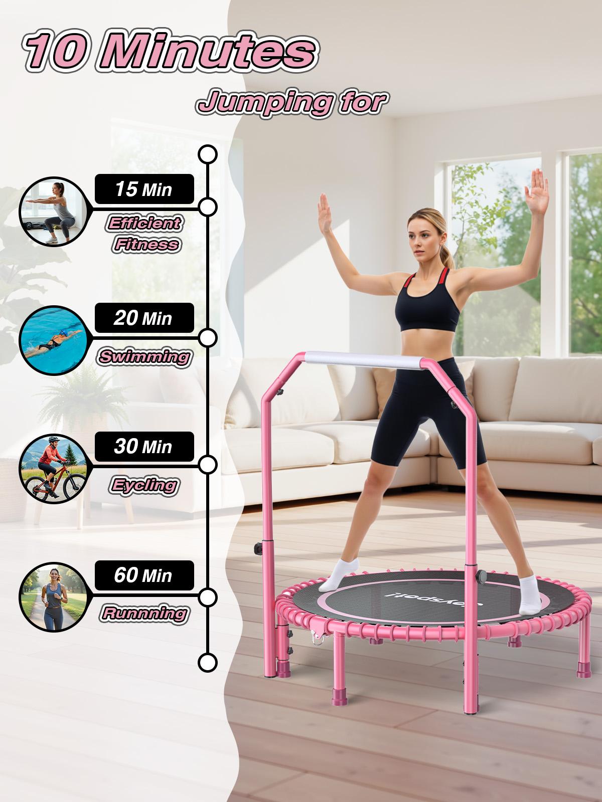 JOY SPOT! 450 LBS Foldable Trampoline 40" Fitness Trampoline with Bungees Adjustable Foam Handle/T Handle No Rope Training Jump Rope Home Gym Workout Stable Quiet Exercise Rebounder for Adults