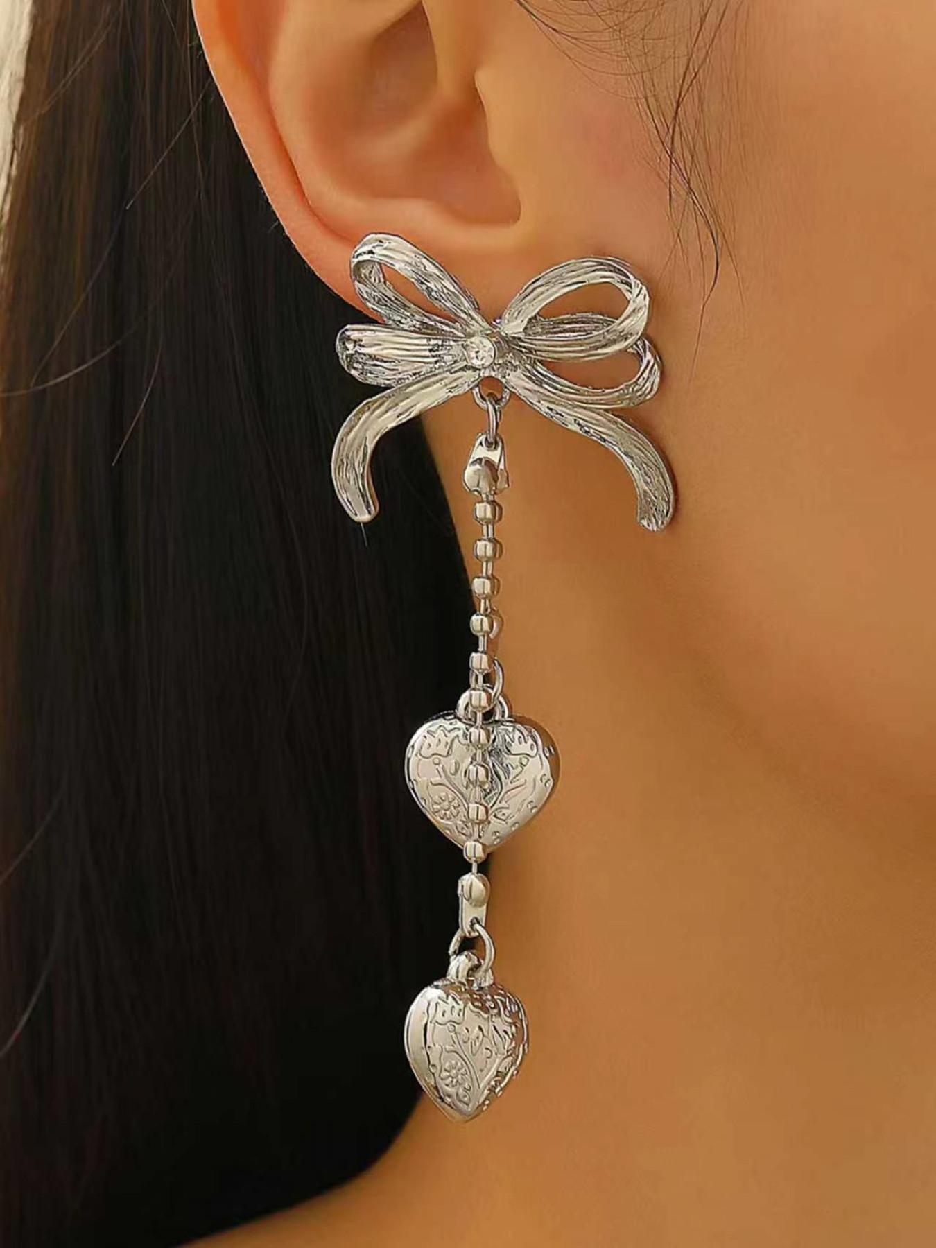 Elegant Butterfly Knot Drop Earrings, Heart Pendant, Star Moon Design, Classic Women's Jewelry, Perfect for All Seasons, Ideal for Holidays