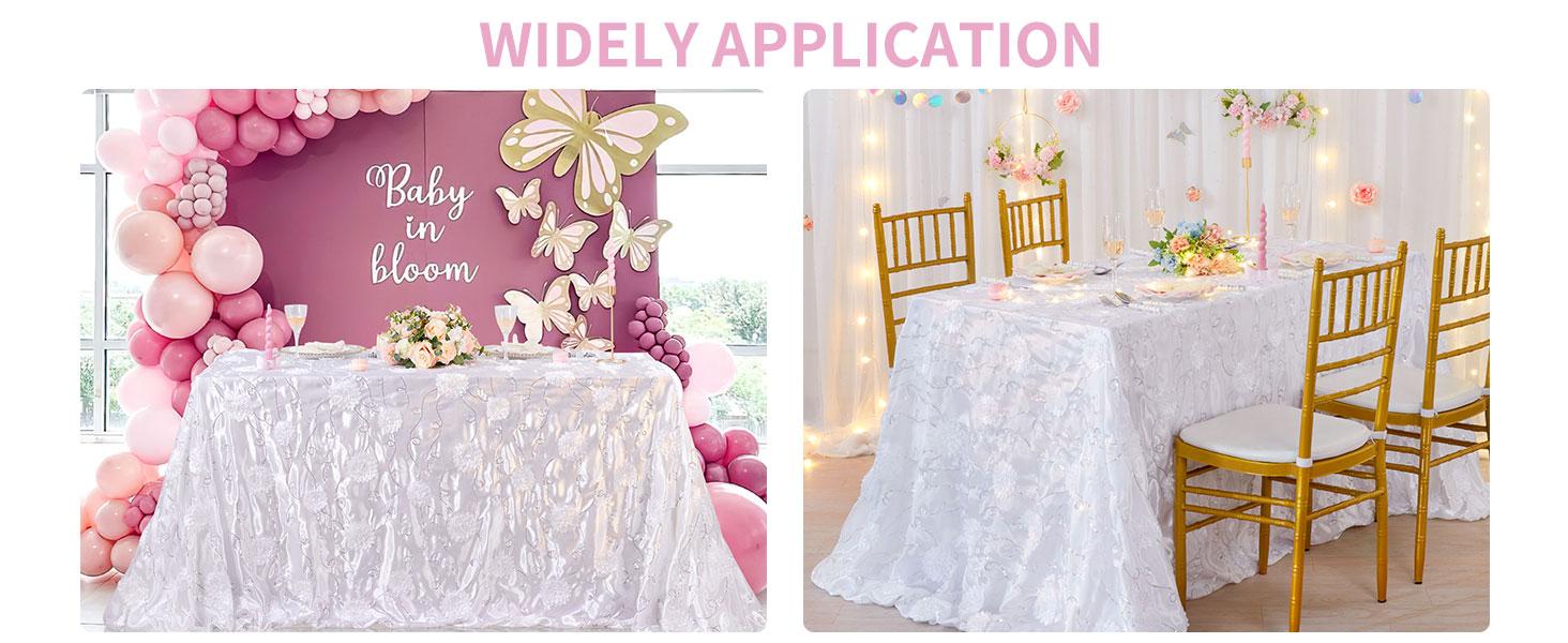 Fanqisi Rectangle Tablecloth White Raised Rosette Vintage Satin Tablecloths 60x102 Inch Birthday Table Cover for Wedding Anniversary Outdoor Ceremony Party Decorations