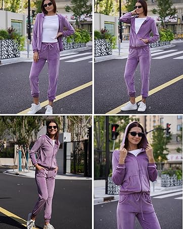 Womens Casual Velour Tracksuit Set Full Zipper Hoodie Workout Pants Velvet Sweatsuit Jogging Suits XS-XXL