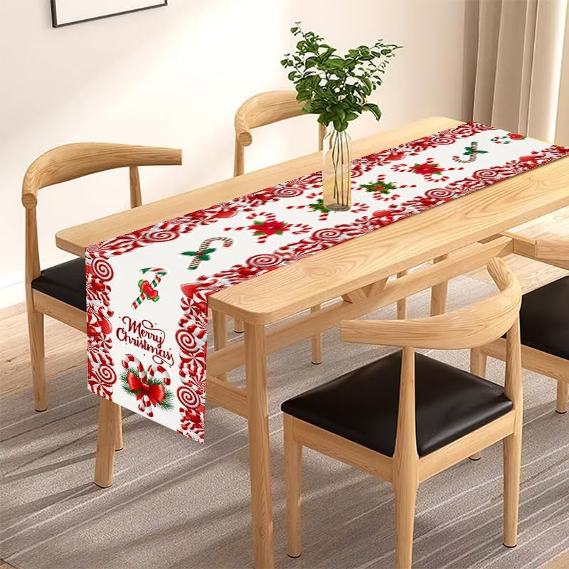Christmas Linen Red and White Candy Cane Christmas Table Runner 72 Inches Long Seasonal Winter Christmas Xmas Holiday  Style Table Decoration (Red)