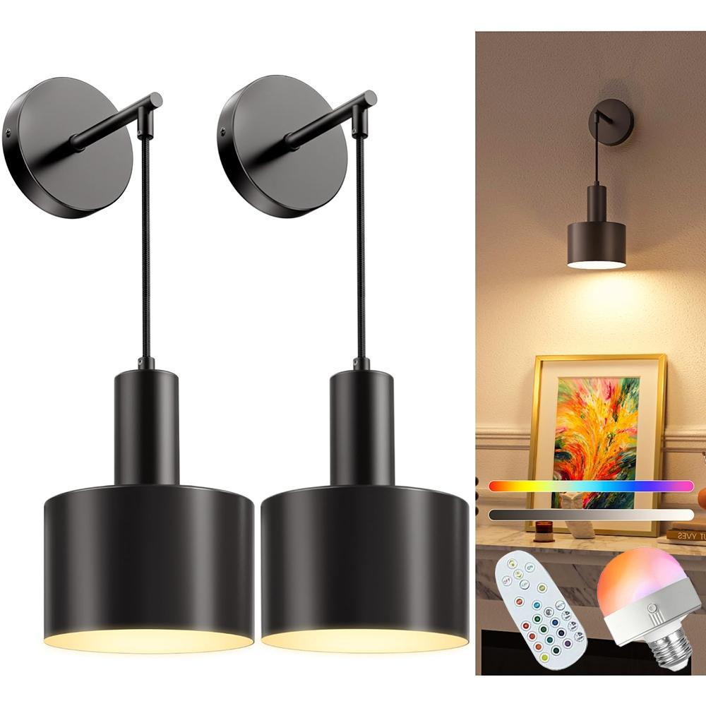 2 Pcs Battery Powered Wall Mounted Lamp, Wireless Charging Wall Lamp with Adjustable Light Bulb & Remote Control, Adjustable Lighting, Suitable for Bedroom, Living Room, Corridor