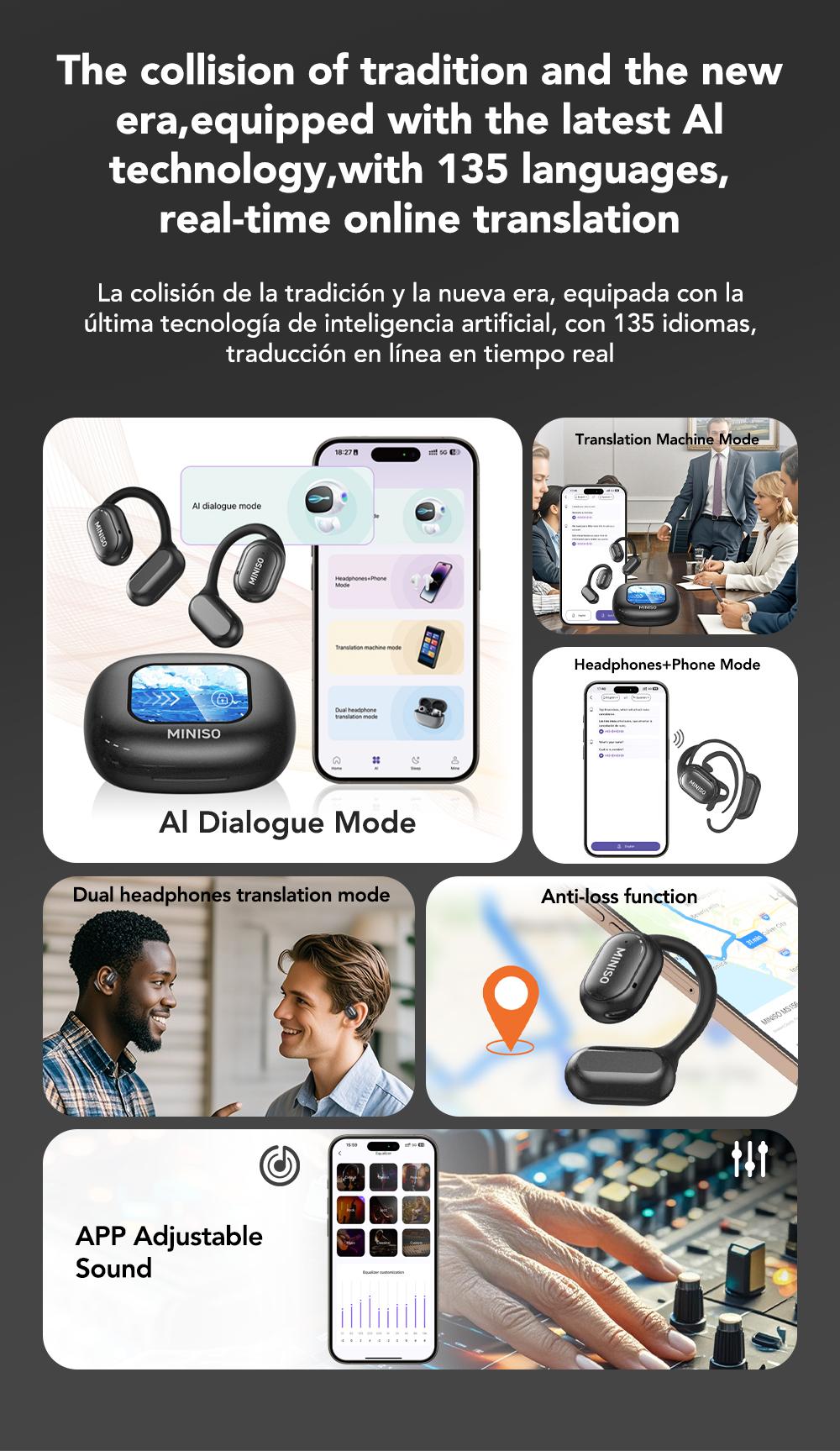 MINISO X30 AI translation earphones OWS Bluetooth earphones IPX5 waterproof 35 hours play time HIFI sound quality OWS earphones immersive high-quality sound effects long-distance connection earphones with charging box built-in microphone