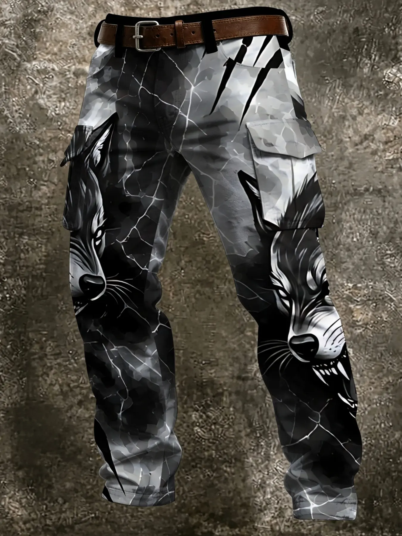 Men's Wolf Head Distressed Work Pants, Wild Animal Print, Multi-Pocket Slim Fit, Dark Core Street Style, Casual Long Trousers, Casual Streetwear Clothes