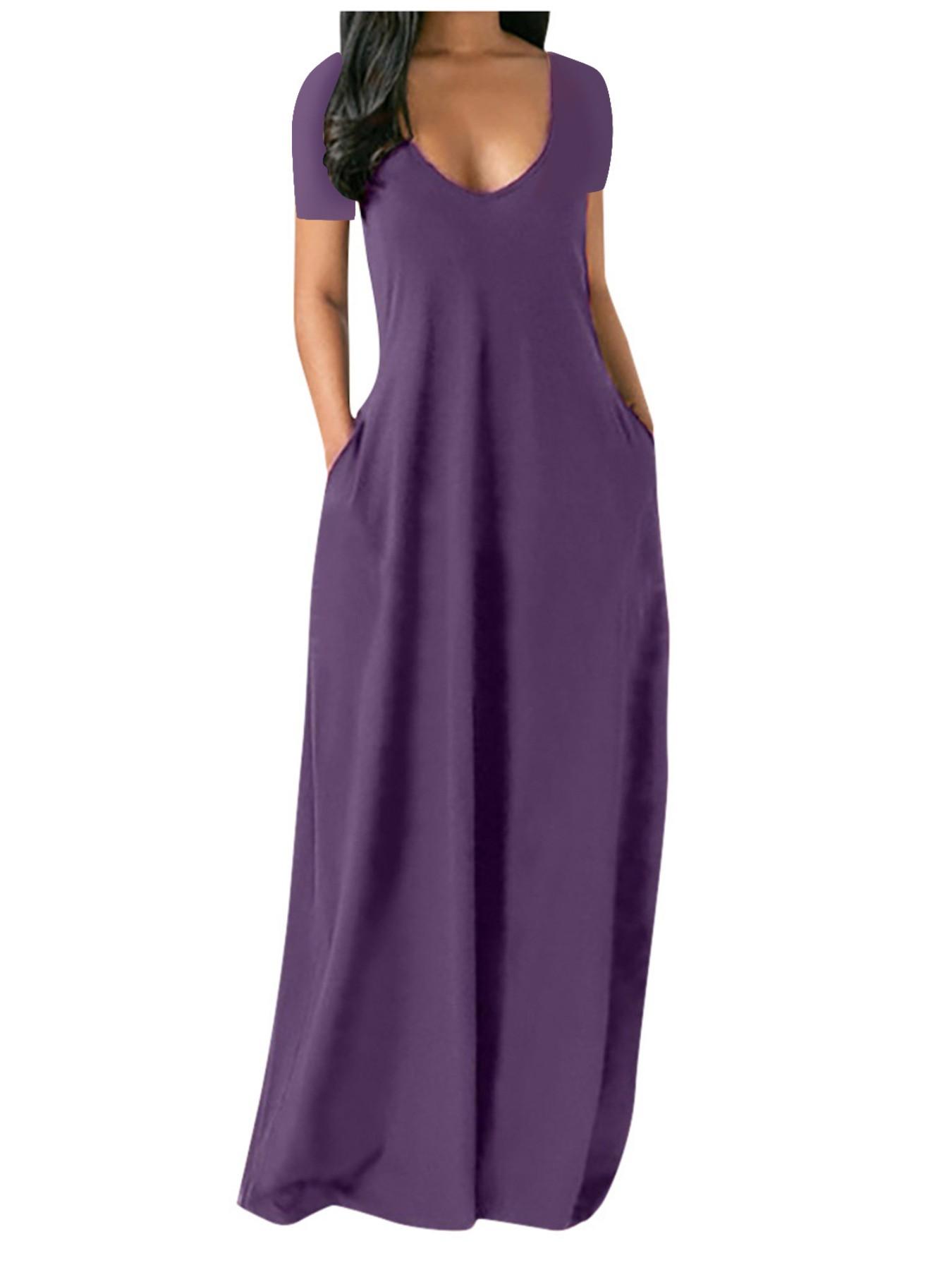 Women's Summer Beach Vacation Casual Sundress, Sexy Deep V-Neck Design with Pockets, Loose-Fit Short Sleeve Plain Style