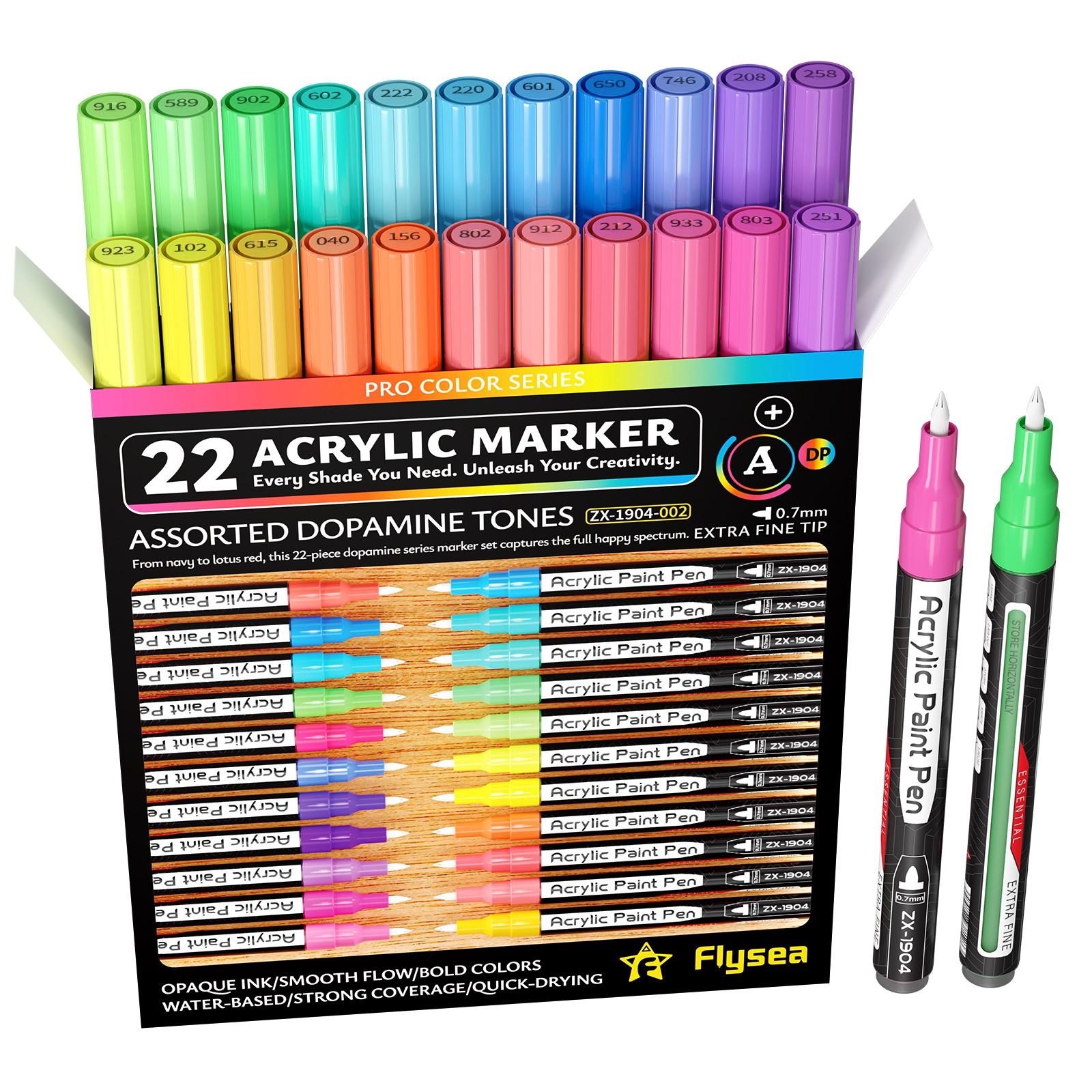 Flysea Acrylic Paint Markers, Multipurpose Marker Pen, 22-Piece Set, Fine Tip 0.7mm, Quick-Drying, Non-Blotchy, Ideal for Stone, Wood, Metal, Glass, Canvas, DIY Crafts