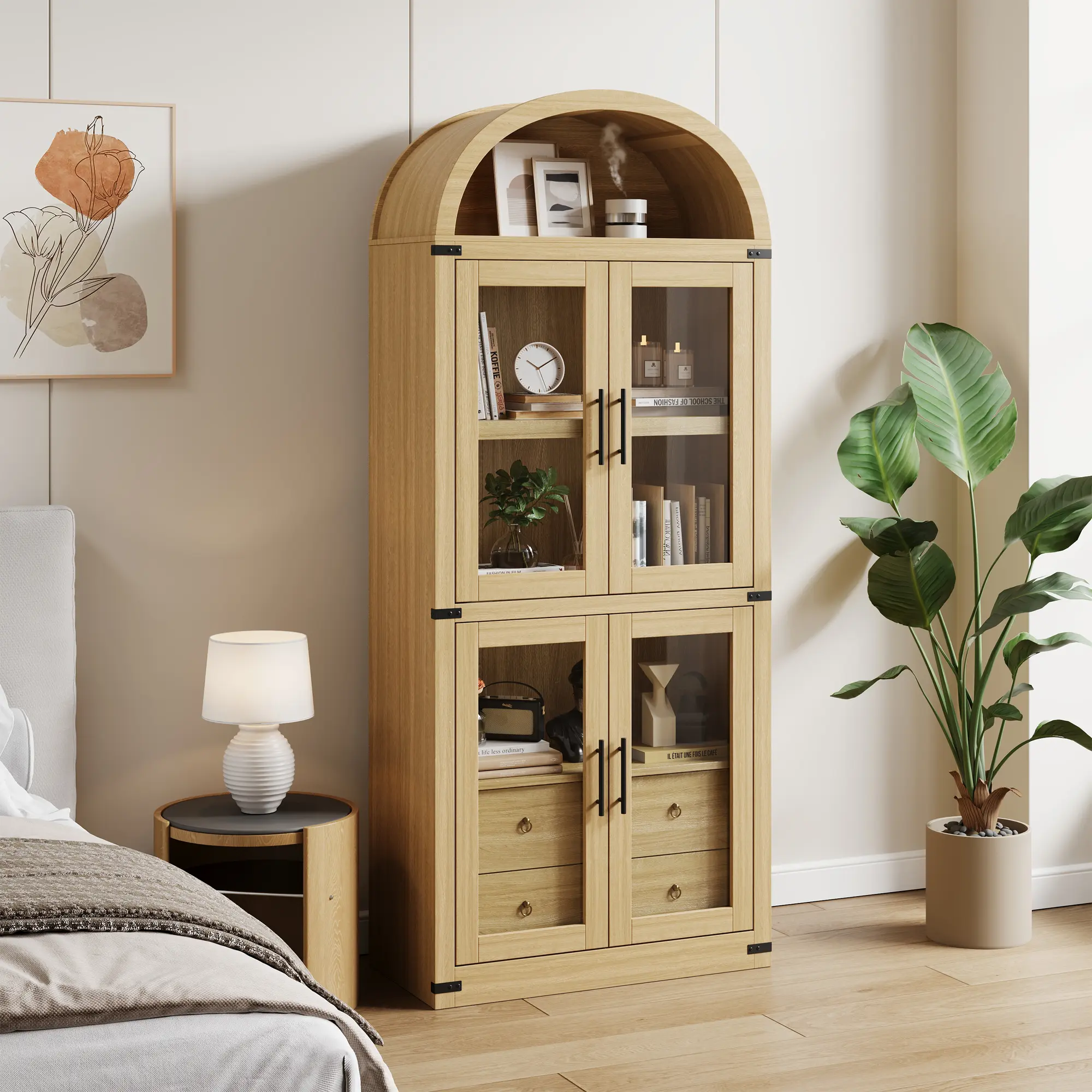 Farmhouse Arched Bookshelf Cabinet with Glass Doors and Drawers – 71.4in Tall Wooden Storage Display Shelves – Kitchen Cupboard for Living Room, Dining Room, or Office – Natural Oak
