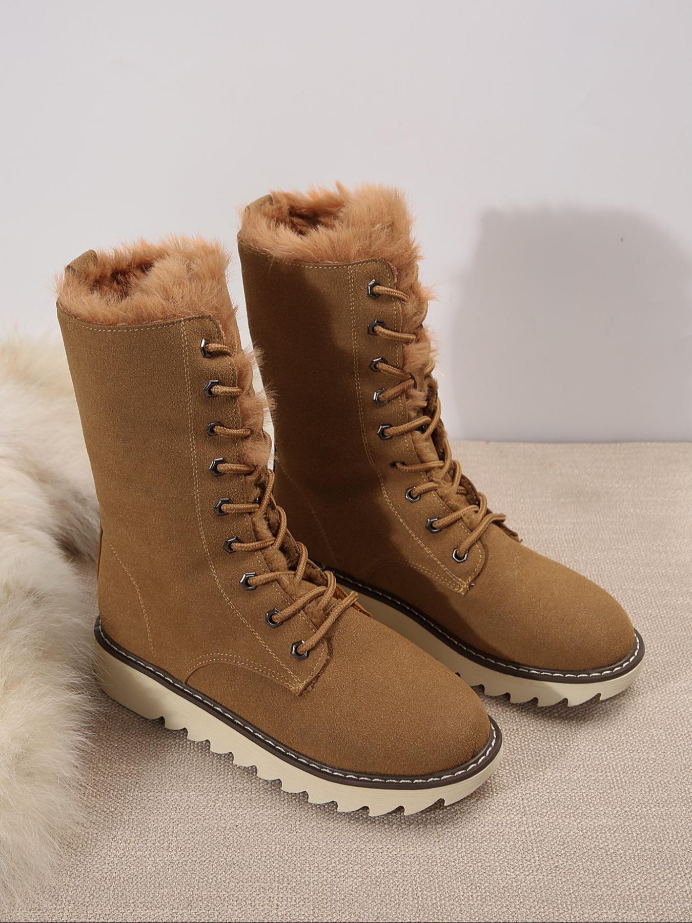 【Size Runs Small】 Women's Solid Color Boots, Fashionable Warm Boots for Winter Holiday Gift, Non-slip Outdoor Snow Boot Shoes for Women & Girls, Fur Boots for Women