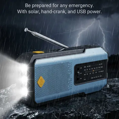 Portable Solar Powered Radio, Multifunctional Handheld Radio, 2000mAh Hand Cranked FM/AM/NOAA Radio with 3LEDs Flashlight & SOS Alarm, Emergency Hand Crank Weather Radio with Power Bank Function For Home & Outdoor Camping Hiking
