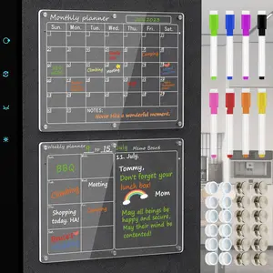 2 Pack 11"x15" Clear Magnetic Acrylic Dry Erase Calendar for Fridge - Magnetic Planning Board Set for Refrigerator with 8 Colorful Highlight Markers