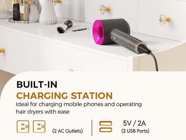 COMHOMA Makeup Vanity Desk with Mirror and Lights, Vanity Table and Chair Set with 5 Drawers and Charging Station, Bedroom Dresser LED Mirror Stepless Dimmable & 3 Color Modes Adjustable, Pure White