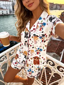 Women's Short Sleeve Pyjama Set, Cartoon Fantasy Characters Full Print, Casual Breathable Home Wear, All Seasons, Loungewear, Nightwear