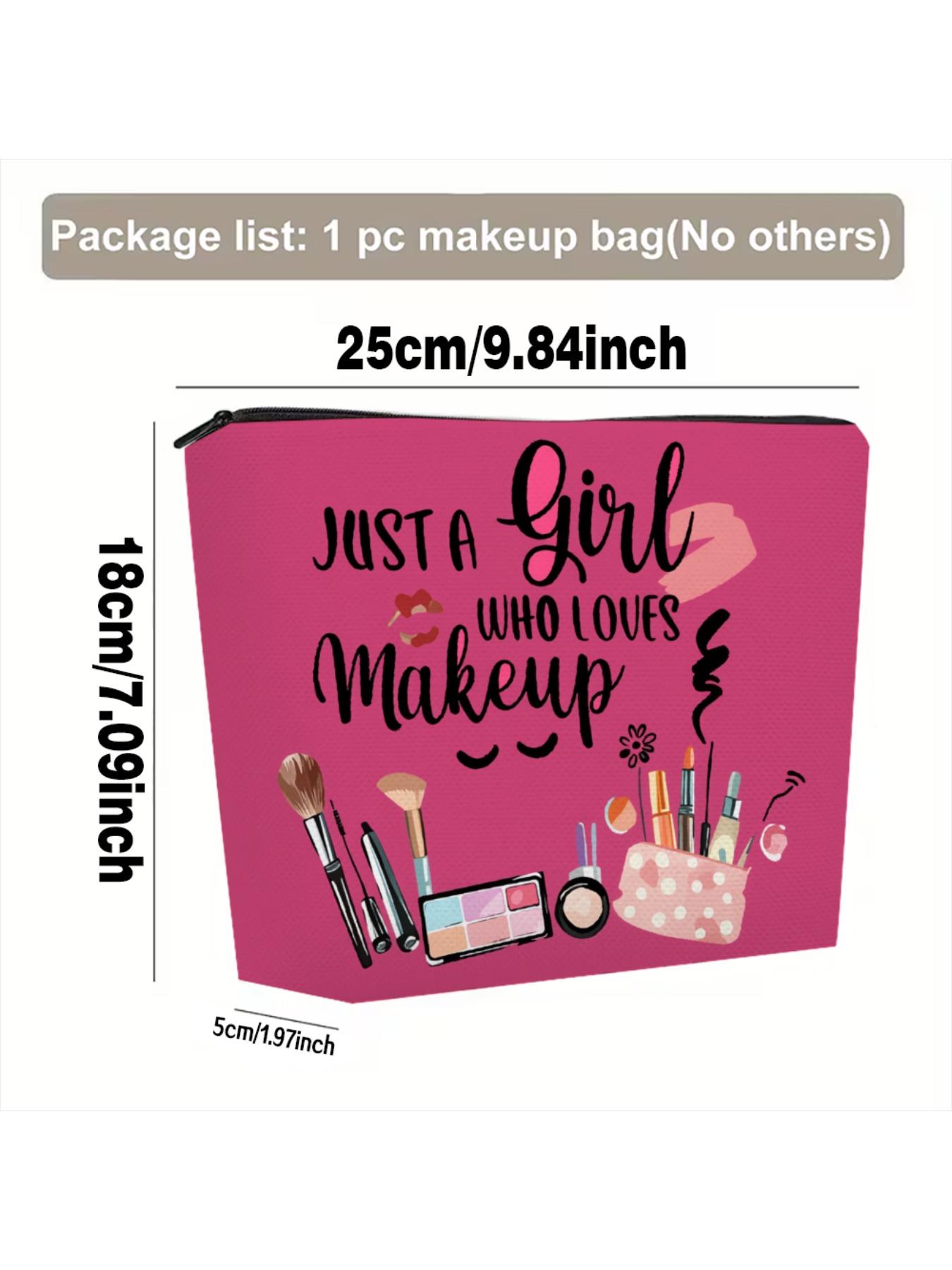 1pc Makeup Bag Pink Cosmetic Pouch With Just A Girl Who Loves Makeup Print And Makeup Tools Design For Travel Beauty Storage And Daily Use Perfect For Carrying Makeup Brushes Skincare Products And Personal Care Items Ideal For Traveling Gym