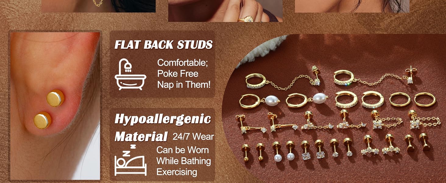 Trendy Hypoallergenic Flat Back Earrings Set for Women-Surgical Stainless Steel Earrings for Sensitive Ears-14K Gold Plated Chain Cartilage Earring Stacks Flatback Stud Hoop Earring Sets for Multiple Piercing Jewelry Trendy Hypoallergenic Flat Back Earrings Set for Women-Surgical Stainless Steel Earrings for Sensitive Ears-14K Gold Plated Chain Cartilage Earring Stacks Flatback Stud Hoop Earring Sets for Multiple Piercing Jewelry