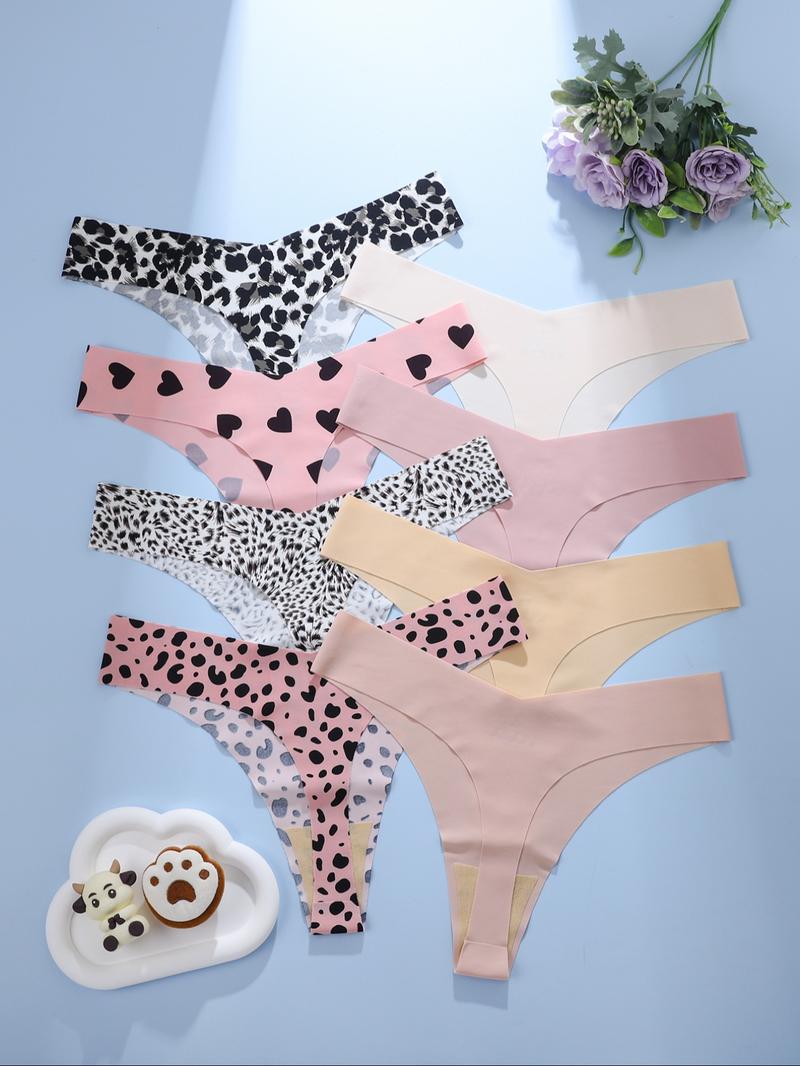 Sweet & Edgy Girls' Exclusive! 8-Piece Macaron Adhesive Thong Set: Pink-Base with Black Hearts + Pink/Black Leopard Prints + Low-Saturation Solids, Daily-Appropriate with Subtle Sexiness
