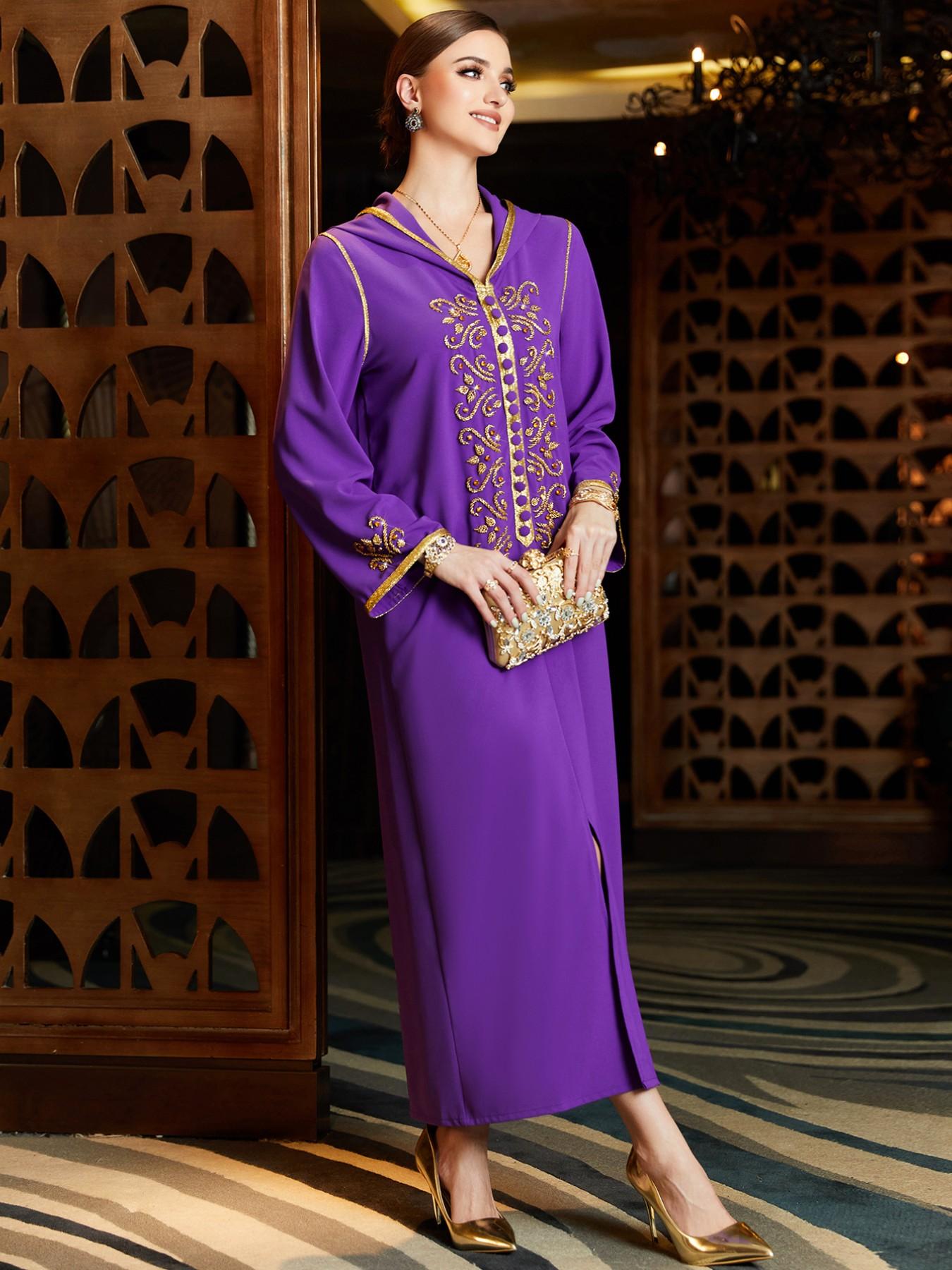 Middle Eastern Fashion Rhinestone Hooded Long Dress, Muslim Women's Festival Abaya, Elegant Holiday with Hat