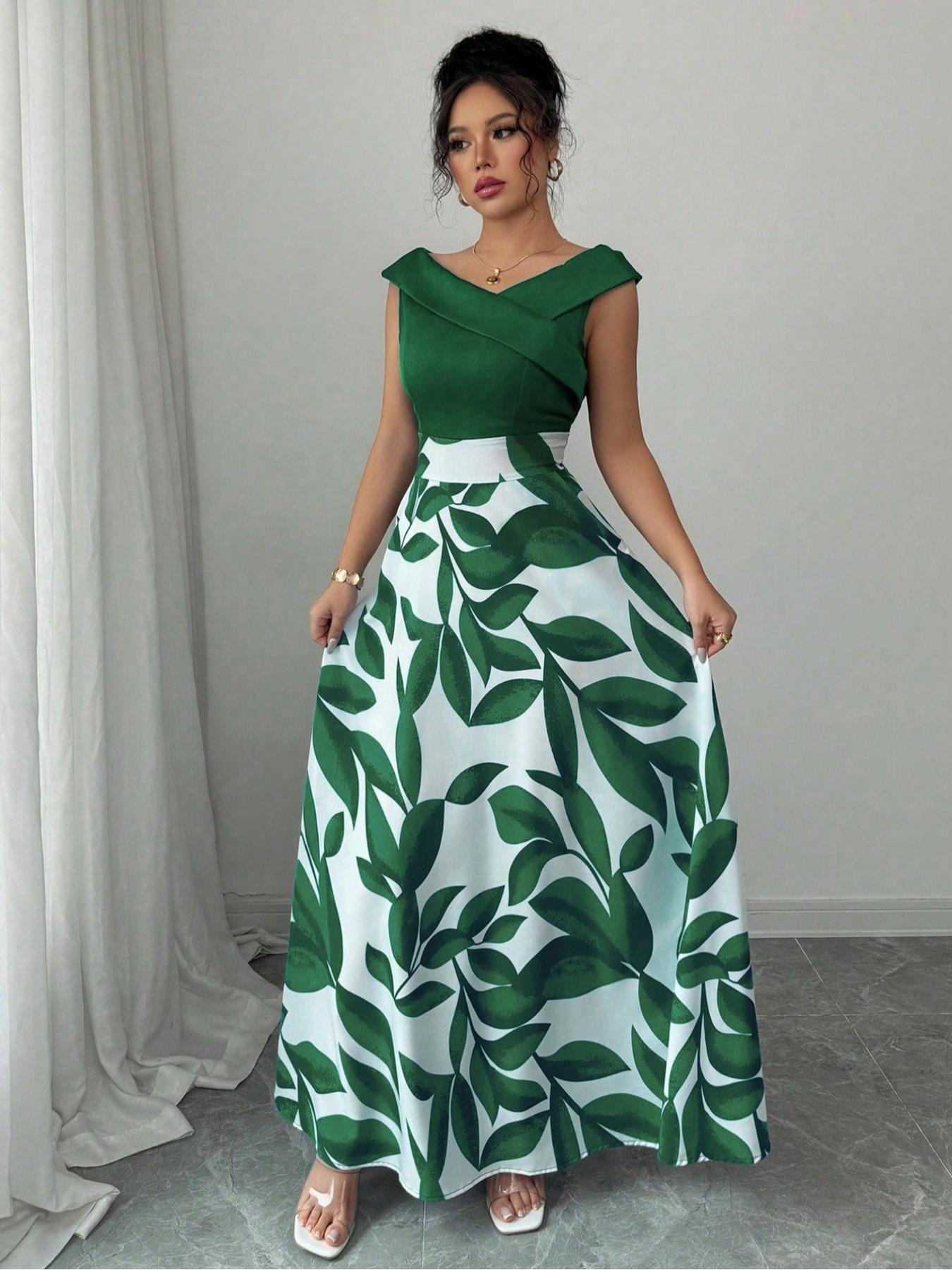 Women's Leaf Printed Patchwork Slim Fit V-Neck Flare Dress, Casual Vacation Style with Pockets, Perfect for Beach & Outdoor Activities