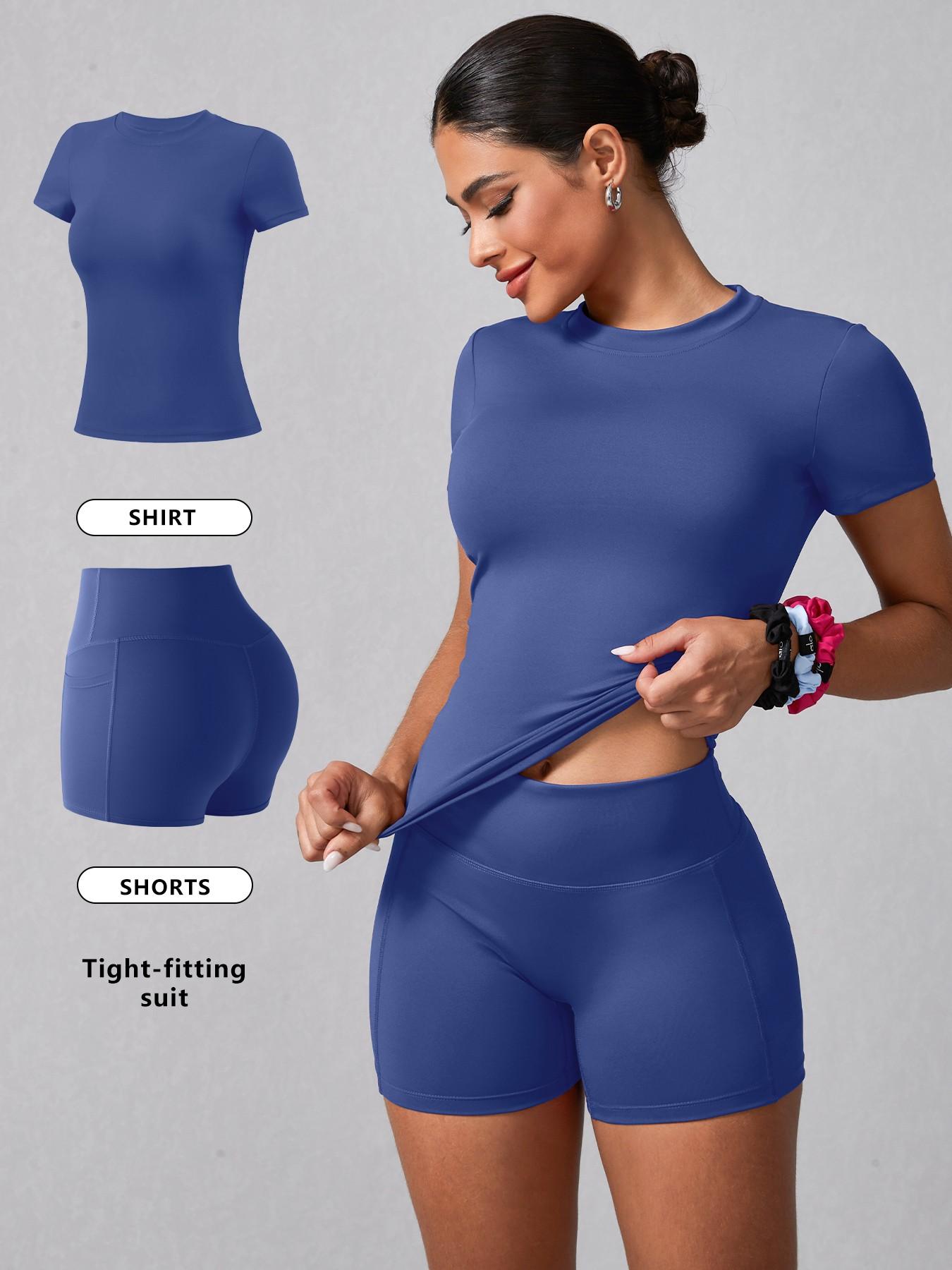 Women's Solid Ribbed Tee & High Waist Shorts Loungewear, Casual Comfy Round Neck Short Sleeve T-Shirt & Skinny Shorts PJ Set, Ladies Sleepwear for Summer, Pajama