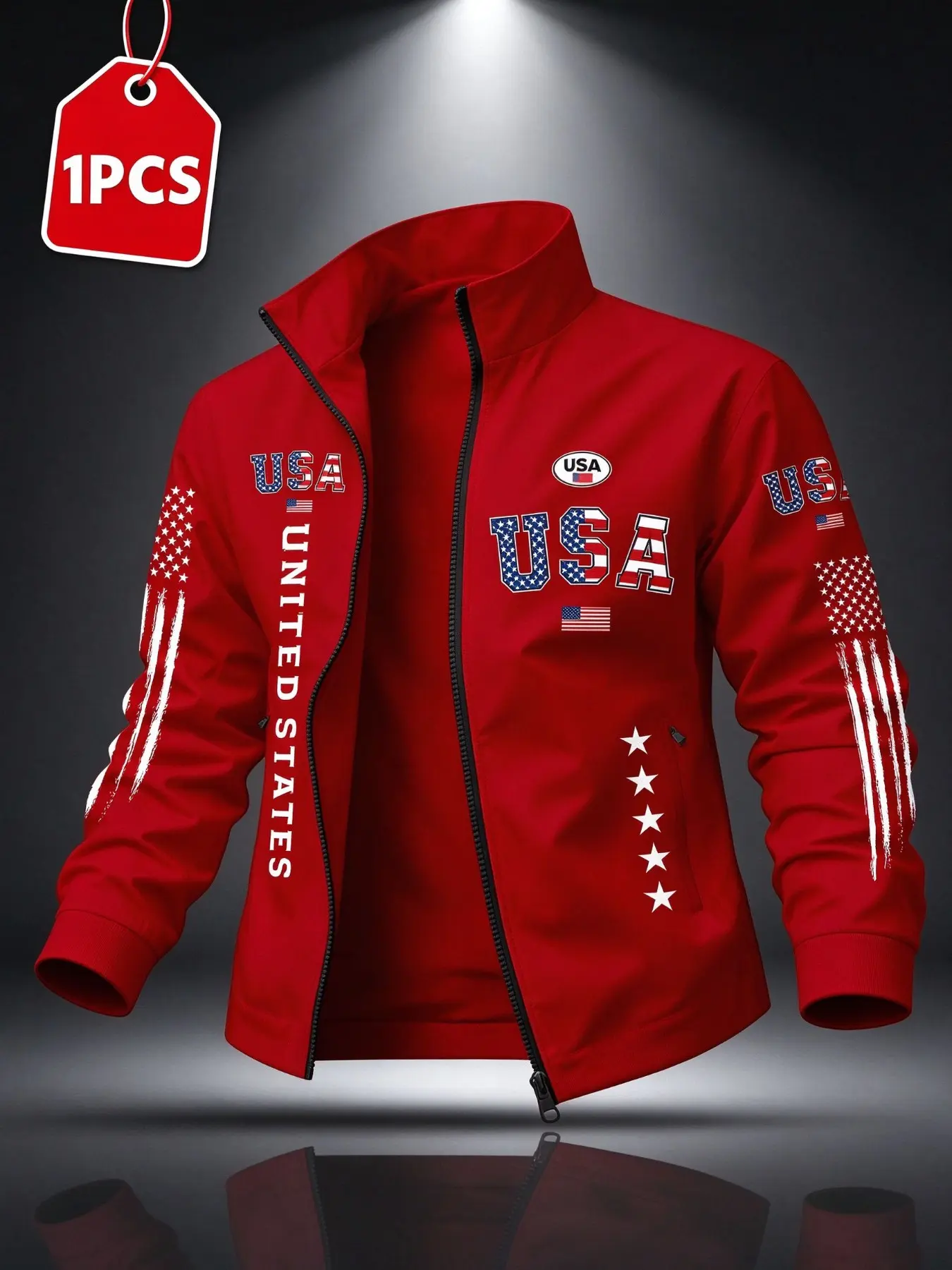 Men's Zipper Collar Jacket, American Patriotic Star Pattern, Casual Loose-Fit Sporty Outerwear, Trendy Graphic Design