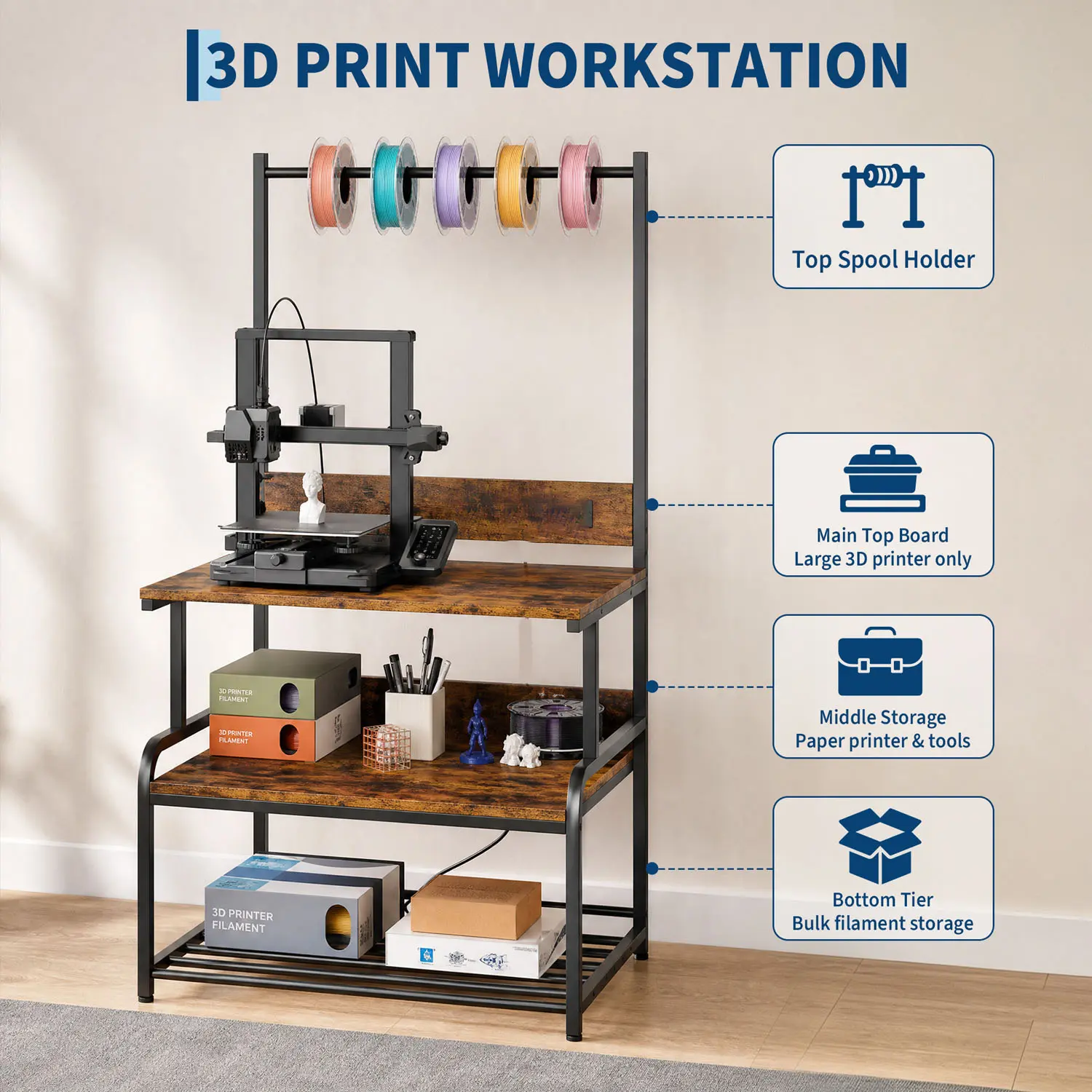 Printer Stand with Filament Storage, Metal 3D Printing Table,3D Printer Desk with Storage & Power Hub, Heavy Duty Metal Printer Table 29.5"x23.6", PLA Filament Organizer