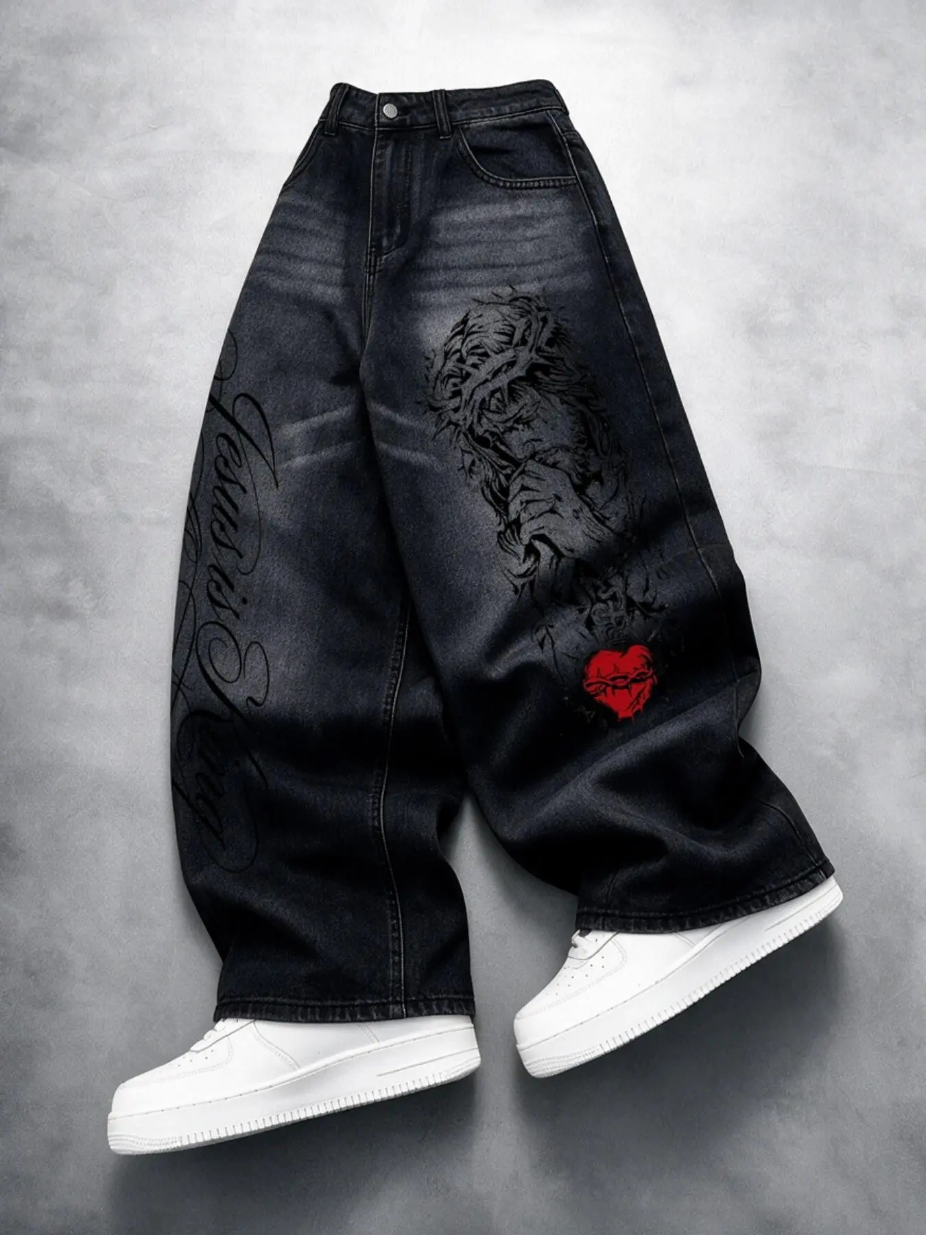 Men's Y2K Hip Hop Wide Leg Jeans, Vintage Black Wash Angel Cross Print, Loose Fit Streetwear Denim Jeans, Daily Wear Fashion