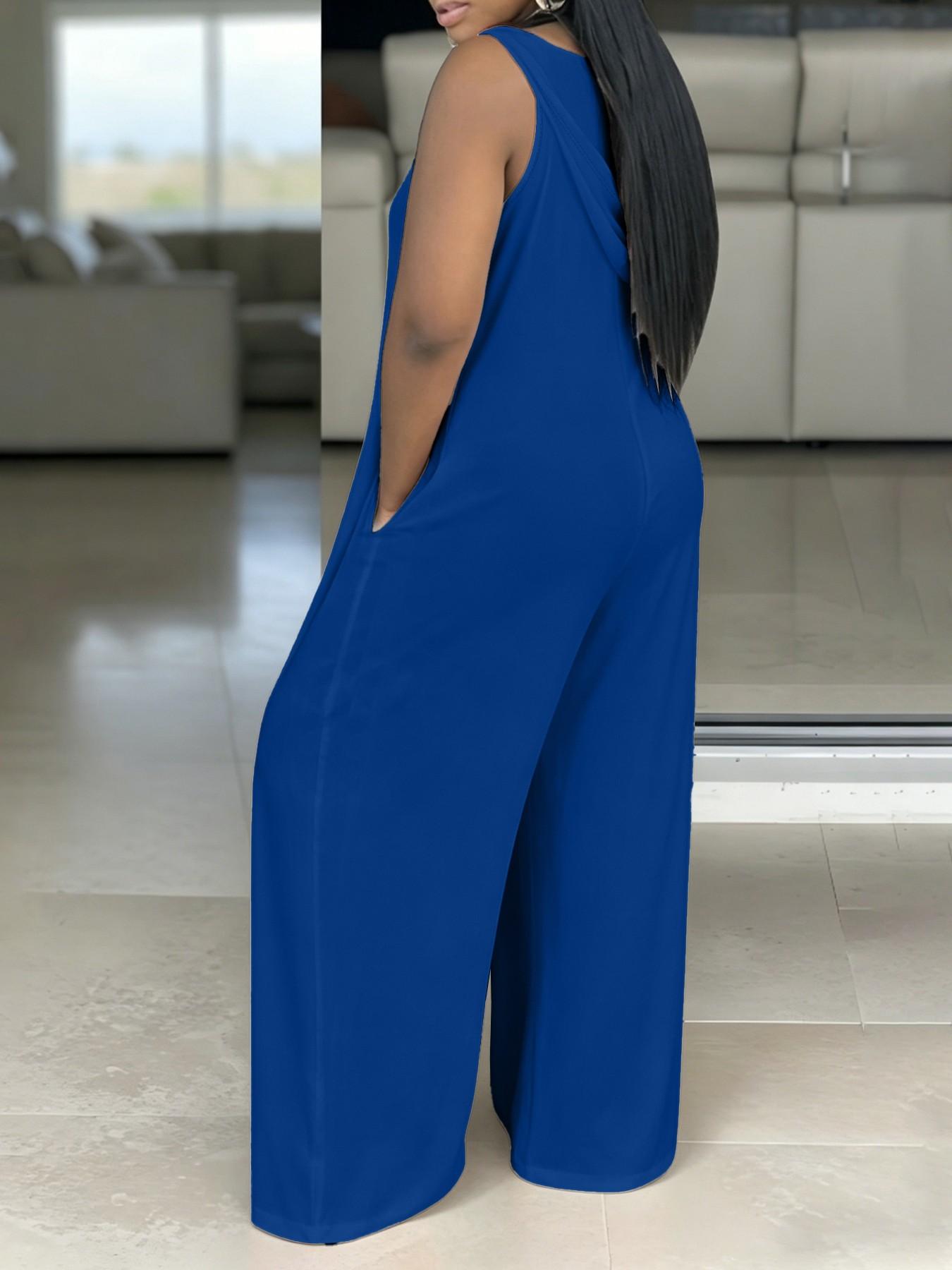 Plus Size Women's Casual Loose Simple Solid Sleeveless Pockets Wide-Leg Hooded Jumpsuits for Everyday Wear Basic