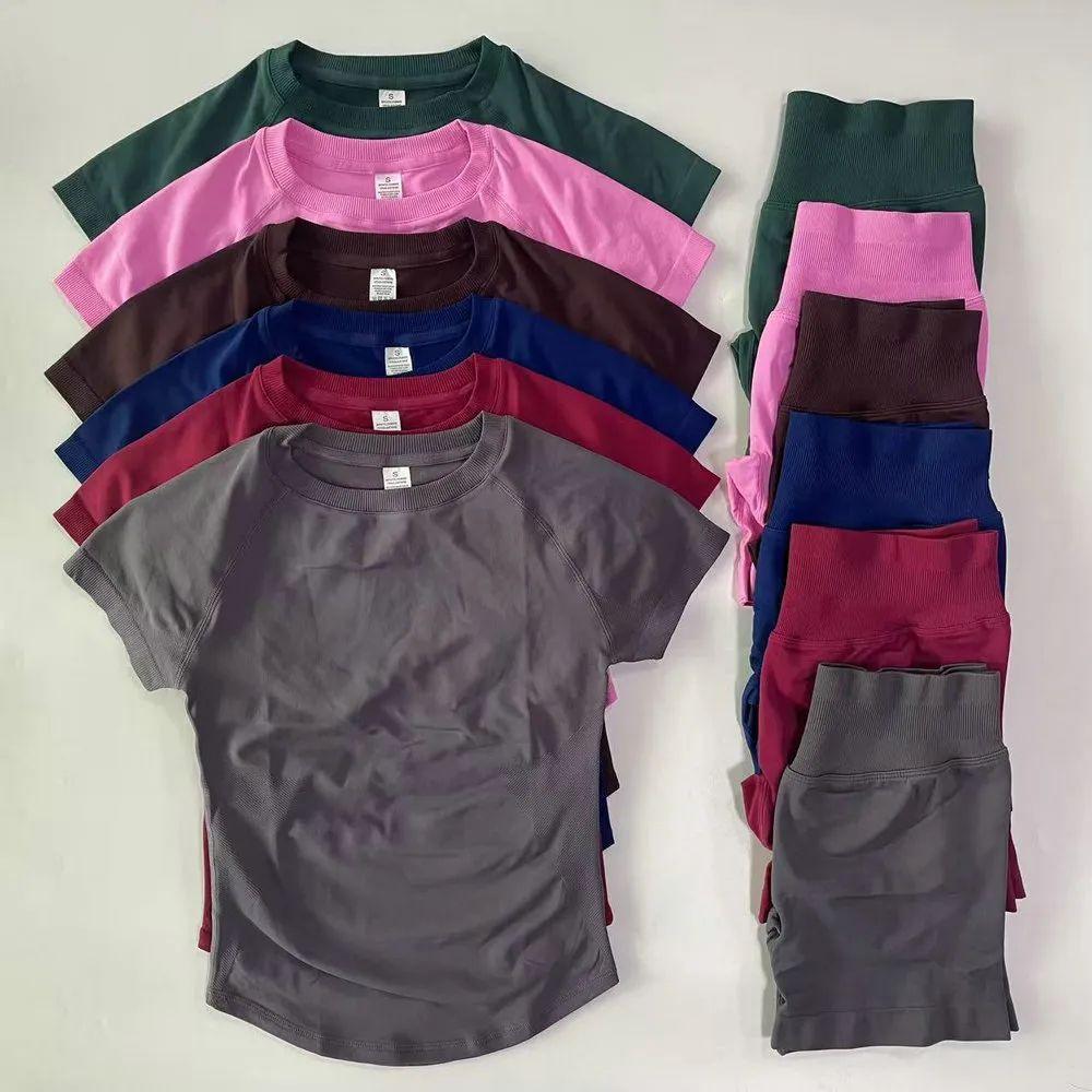 Dfyne Cross-Waist Hip-Lifting Shorts + Short-Sleeve Sports Set |   Seamless Knit Breathable Quick-Drying |   Fitness & Yoga Two-Piece Set