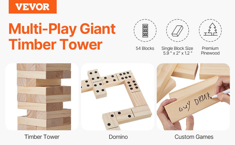 VEVOR Tumbling Timber Toy, 54 Blocks Large Tumble Tower Blocks Game, Pine Wood Tumbling Tower Game with Carry Bag and Scoreboard, Wooden Stacking Game, Tumble Tower Family Games for Indoor/Outdoor