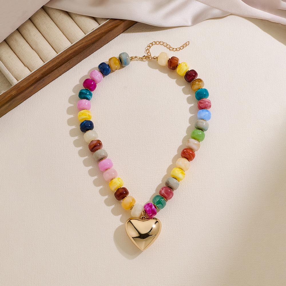 Women's Boho Natural Stone Beaded Choker Necklace - Gold-Plated Heart Pendant, Adjustable Bead Collar, Vintage Statement Jewelry for Daily, Party Use (5 Styles: Multicolor, Emerald Green, Teal, Cream, Lapis Lazuli)