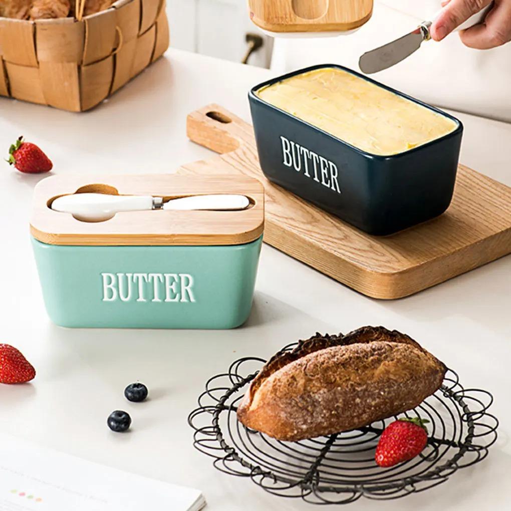 Ceramic Butter Dish with Knife, Rectangular Cheese Container with Wooden Lid, Ceramic Butter Box for Kitchen Use