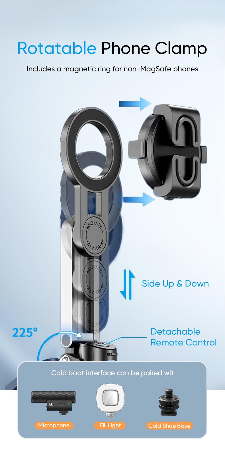 NEW - MAGIC JOHN 4-in-1 Multifunctional Magnetic Selfie Stick – 360° Rotation, Compact & Stylish, With wireless Bluetooth control, Magnetic Phone Holder for Selfies/Video Recording/Vlogging, Compatible with Most Phone Modes