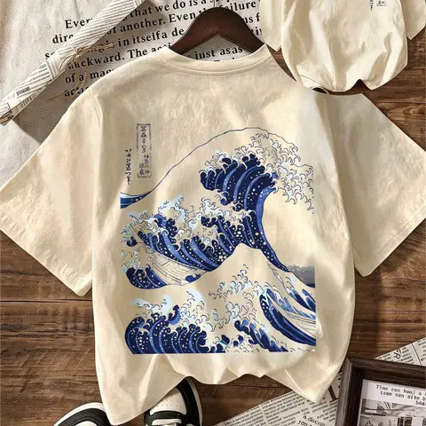 Vintage Japanese Wave and Text Print Loose Short Sleeve Top, Casual T-Shirt for Men, Minimalist Street Style, Comfortable and Stylish, Streetwear Graphic Tees
