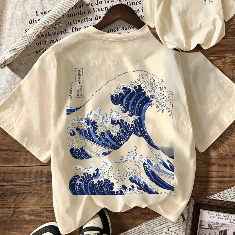 Vintage Japanese Wave and Text Print Loose Short Sleeve Top, Casual T-Shirt for Men, Minimalist Street Style, Comfortable and Stylish, Streetwear Graphic Tees