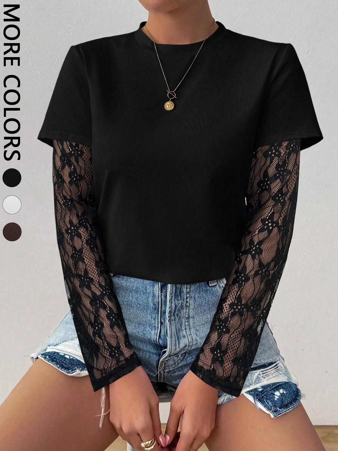 Women's See-Through Lace Sleeve Solid Color Round Neck Long Sleeve Fitted Casual T-Shirt Spring Fall Cloth For Women