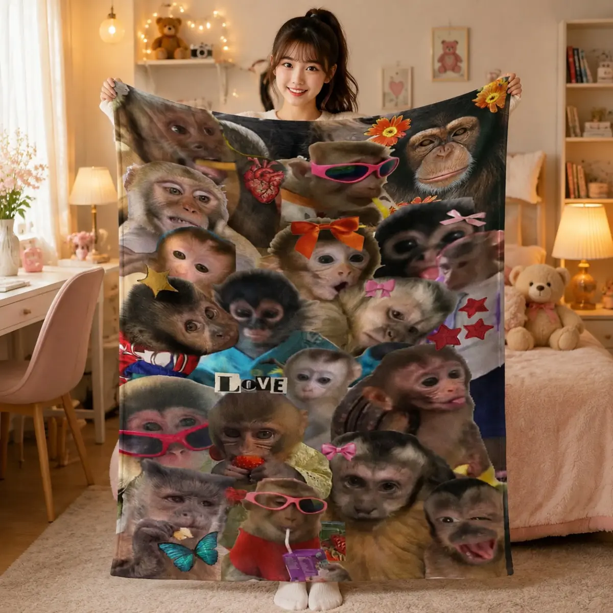 Classic Flannel Weave Monkey Face Collage Throw Blanket - Polyester Fabric, Funny Birthday Gift for Animal Lovers, Soft Cute Aesthetic Print Blanket for Home & Travel Use, Monkey Prints