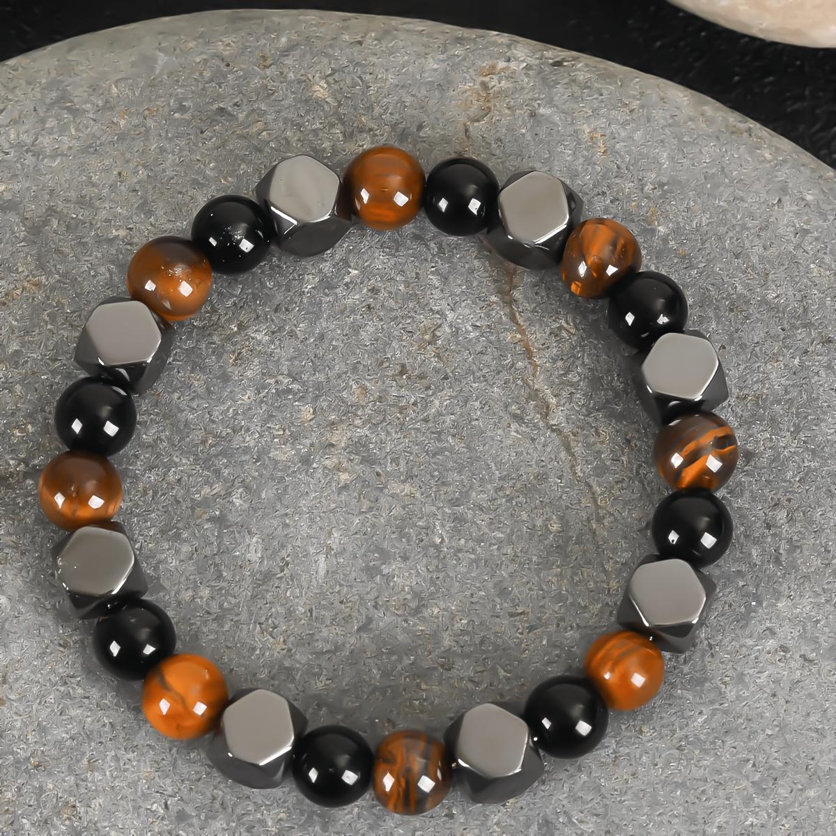 1Pc Natural Stone Beaded Bracelet, 8mm Polished Tiger Eye & Hematite Round‑Bead Construction, Cool Punk Retro Style, Men’s Elastic Stretch Wrist Bangle, Guys For Daily Wear & Streetwear Outfits, Energy Protection Charm, Ideal Valentine’s For Boyfrien