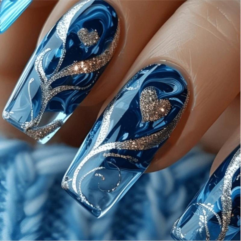 24-Piece Coffin Nail Set, Deep Blue Heart Design, Full Size Fit, Luxurious Glass Texture Sparkle, Tiktok Trending Manicure Kit